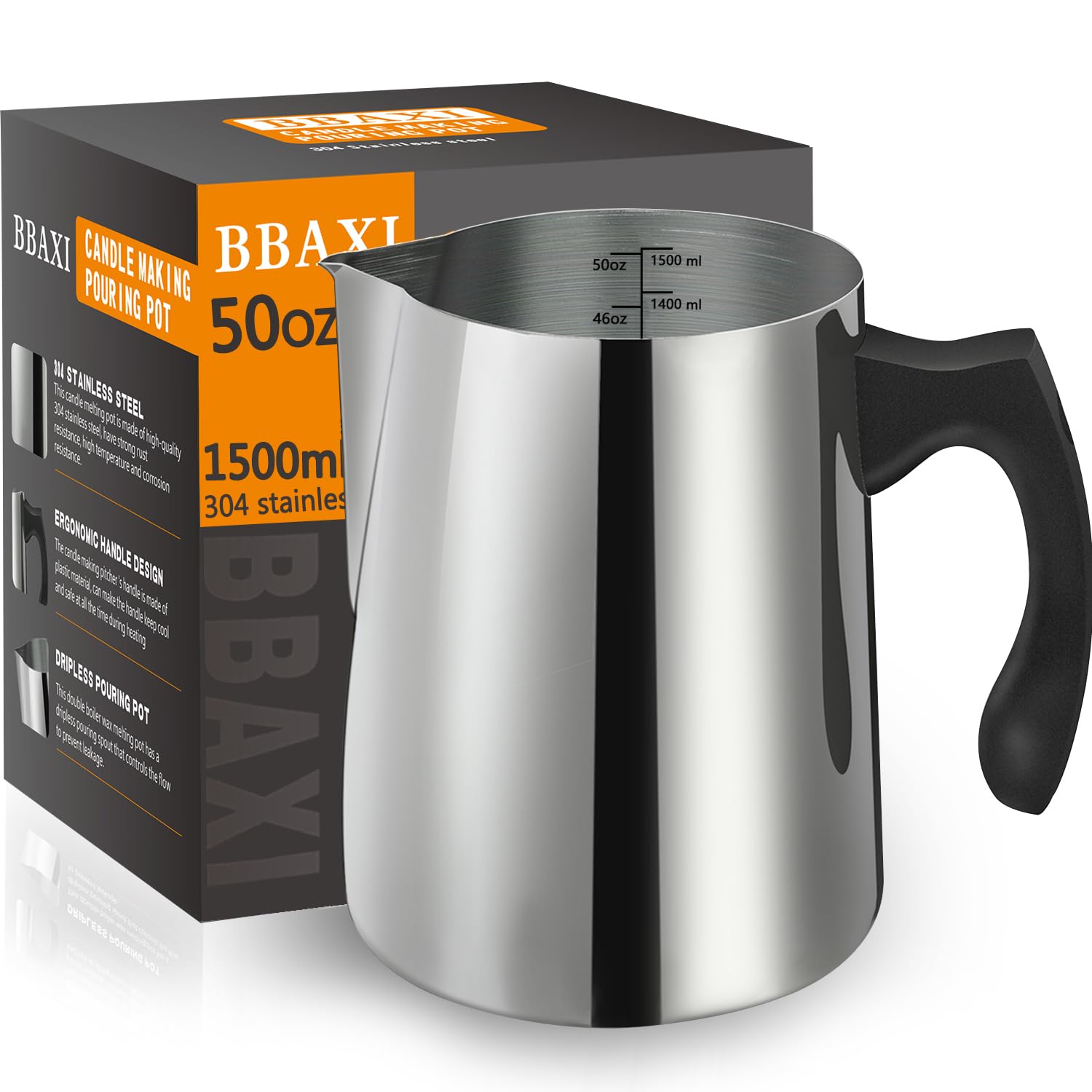 Premium 1500ML/50OZ Stainless Steel Candle Making Pouring Pot - 304 Heat-Resistant Pitcher with Dripless Spout & Ergonomic Handle for DIY Soy Wax, Beeswax & Candle Crafts - Perfect for Home Candle Making, Wax Melting & Gift Making Projects