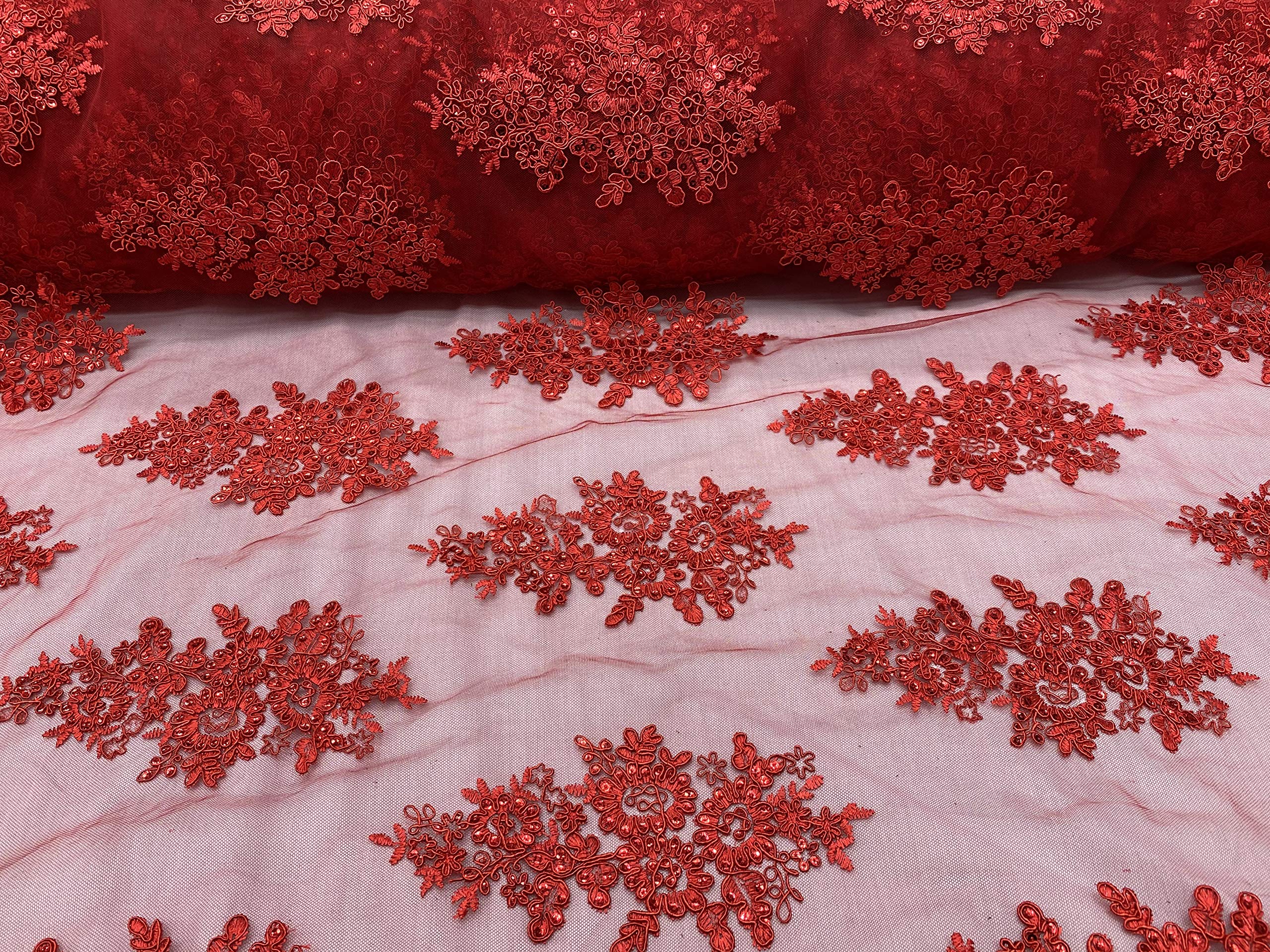 Red Sequin Lace Fabric with Embroidery on Mesh - 1 Yard for Evening Gowns, Prom Dresses & Costume Design
