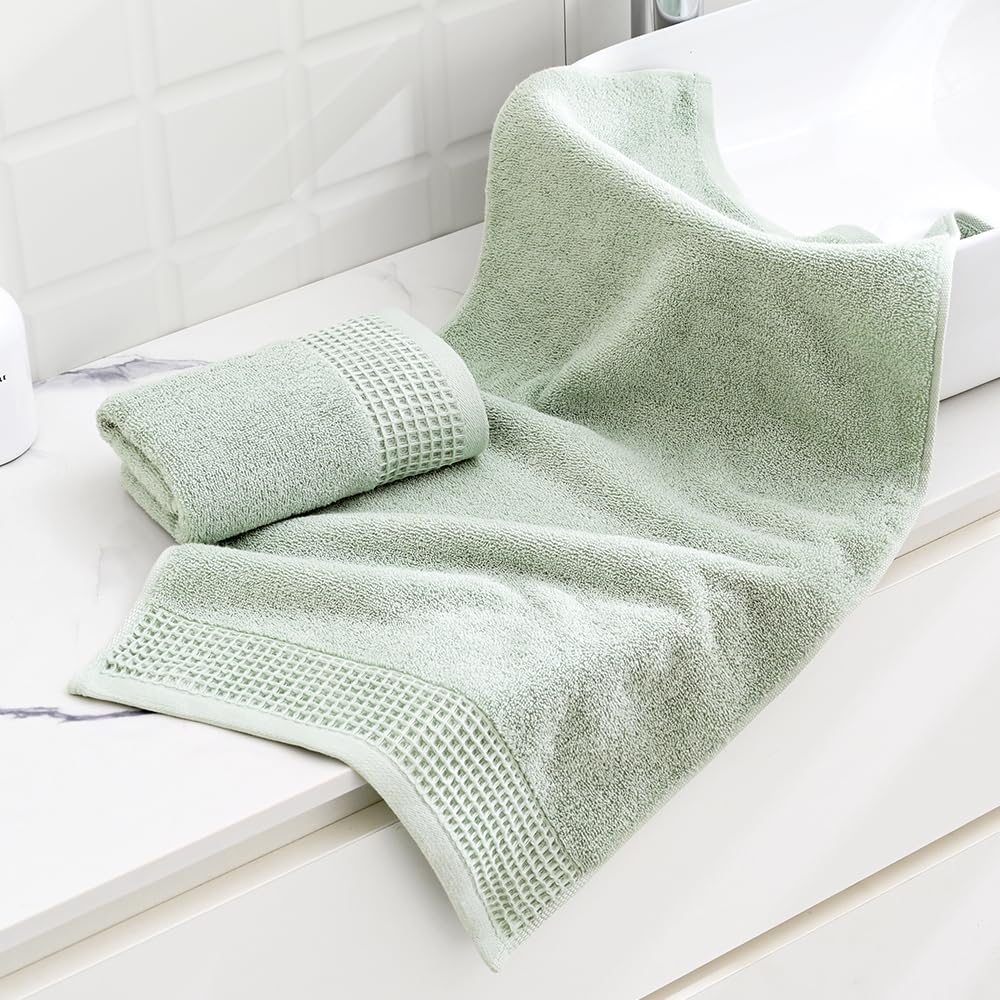 Premium 100% Cotton Hand Towels Set of 2 - Soft, Absorbent & Quick-Dry Terry & Waffle Weave Design for Bathroom, Kitchen & Guest Use - 13x29 Inch Green Decorative Towels - Perfect for Spring Home Decor & Daily Hand Drying
