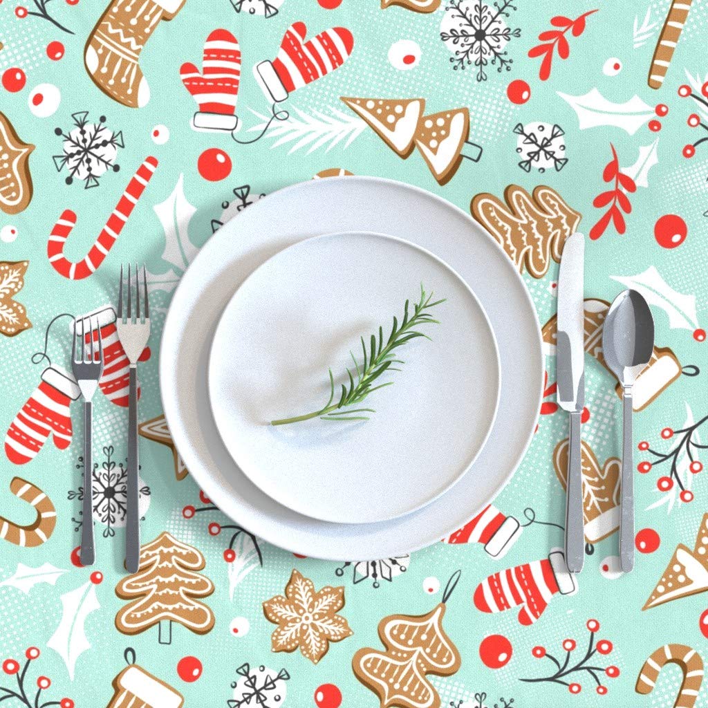 Custom Printed Cotton Sateen Tablecloth 70x144 Inches - Gingerbread Dreams Aqua Baking Christmas Holiday Cookies Retro Design | Perfect for Holiday Dining, Cookie Decorating Parties & Festive Home Decor