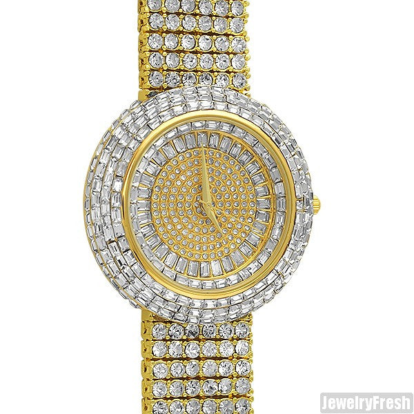 Luxury Gold Ice Orbit Baguette Watch - Waterproof Stainless Steel Wristwatch for Men & Women - Perfect for Parties, Weddings & Formal Events