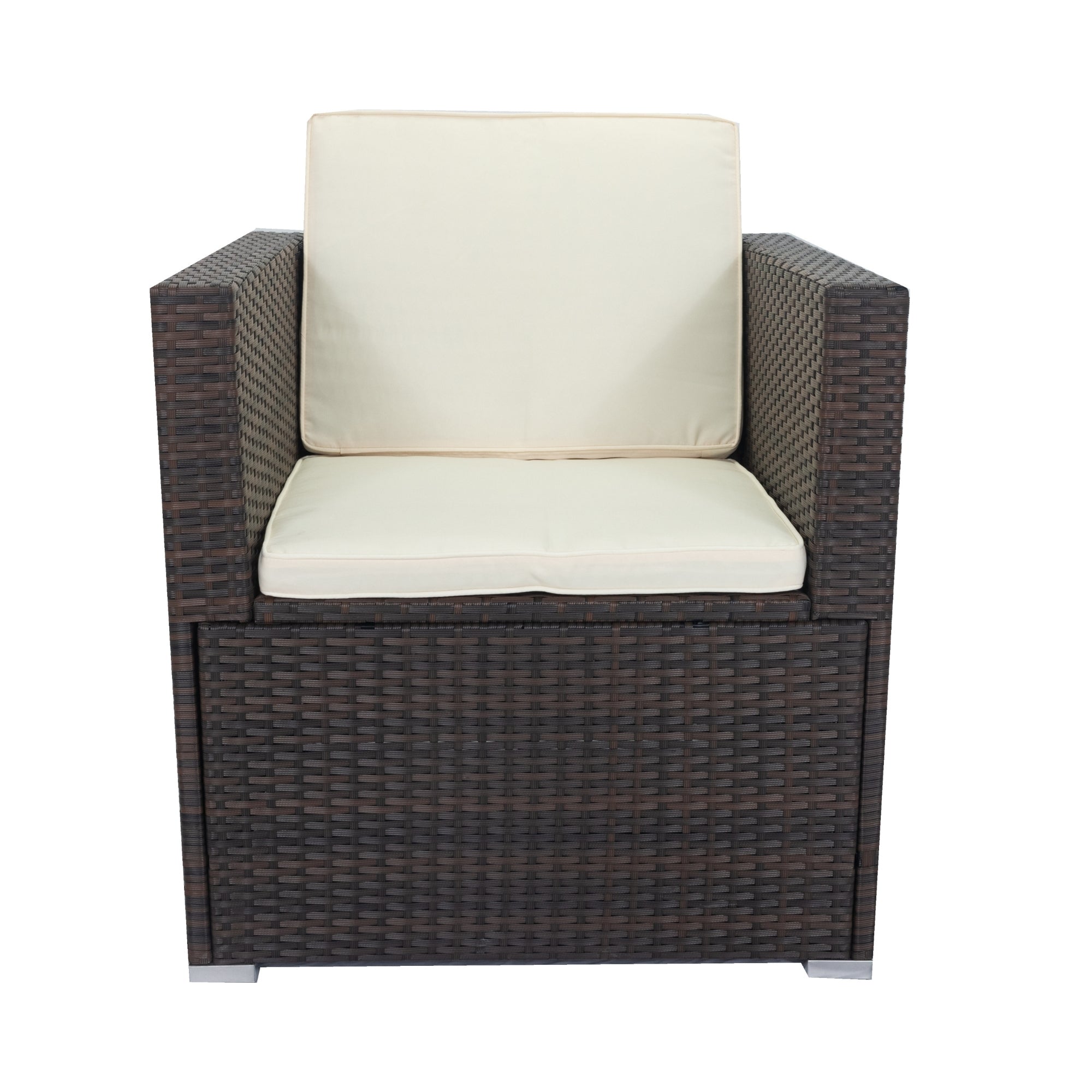 11-Piece Brown Wicker Patio Conversation Set with White Cushions - 10-Seater Outdoor Sectional Sofa with 3 Under-Seat Storage Boxes - Perfect for Garden, Backyard, Poolside & Terrace Relaxation