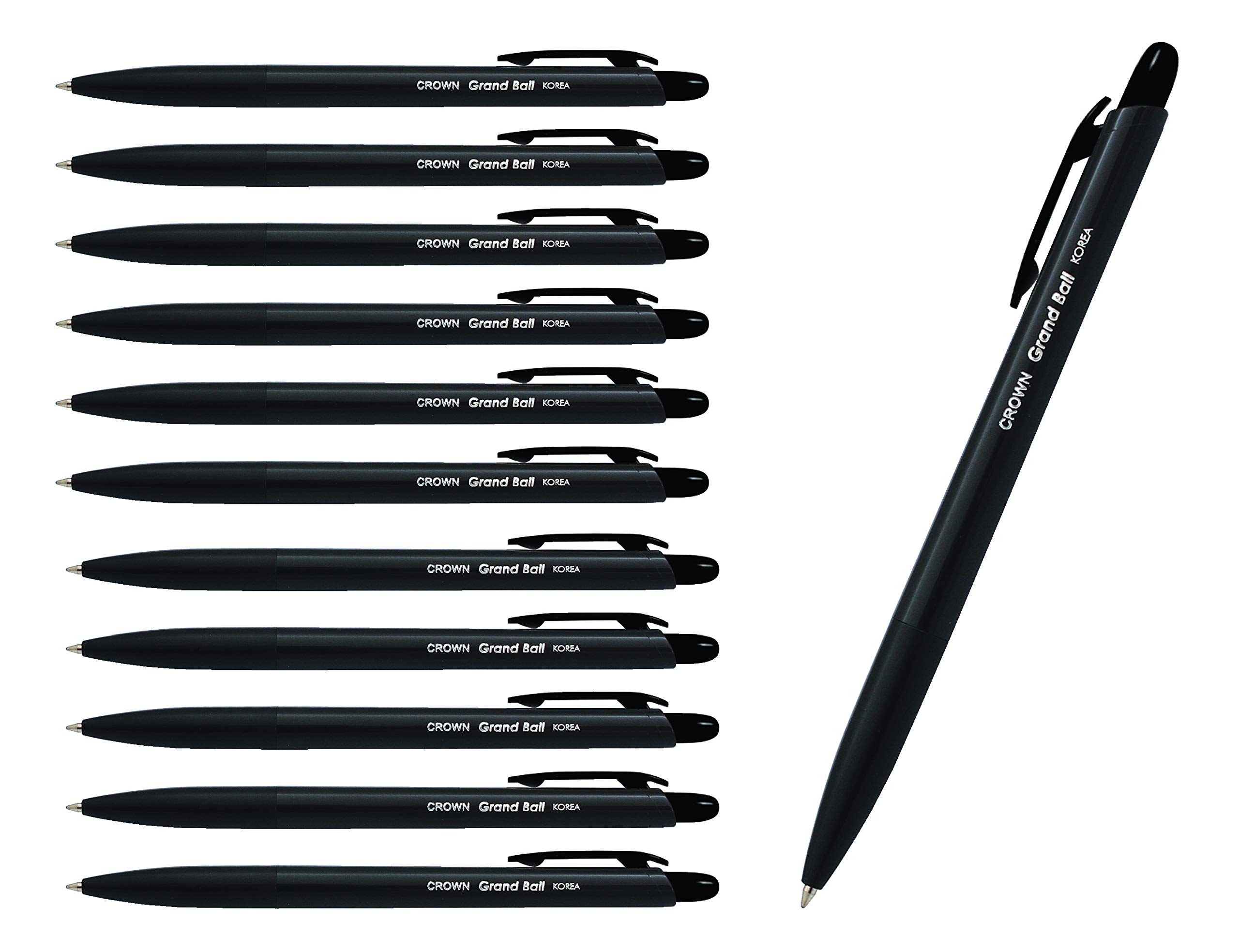 CROWN Grand Ball Retractable Ballpoint Pens - Medium Point, Black Ink (12-Pack) - Smooth Writing for Office, School & Note Taking - Clip Shows Ink Color