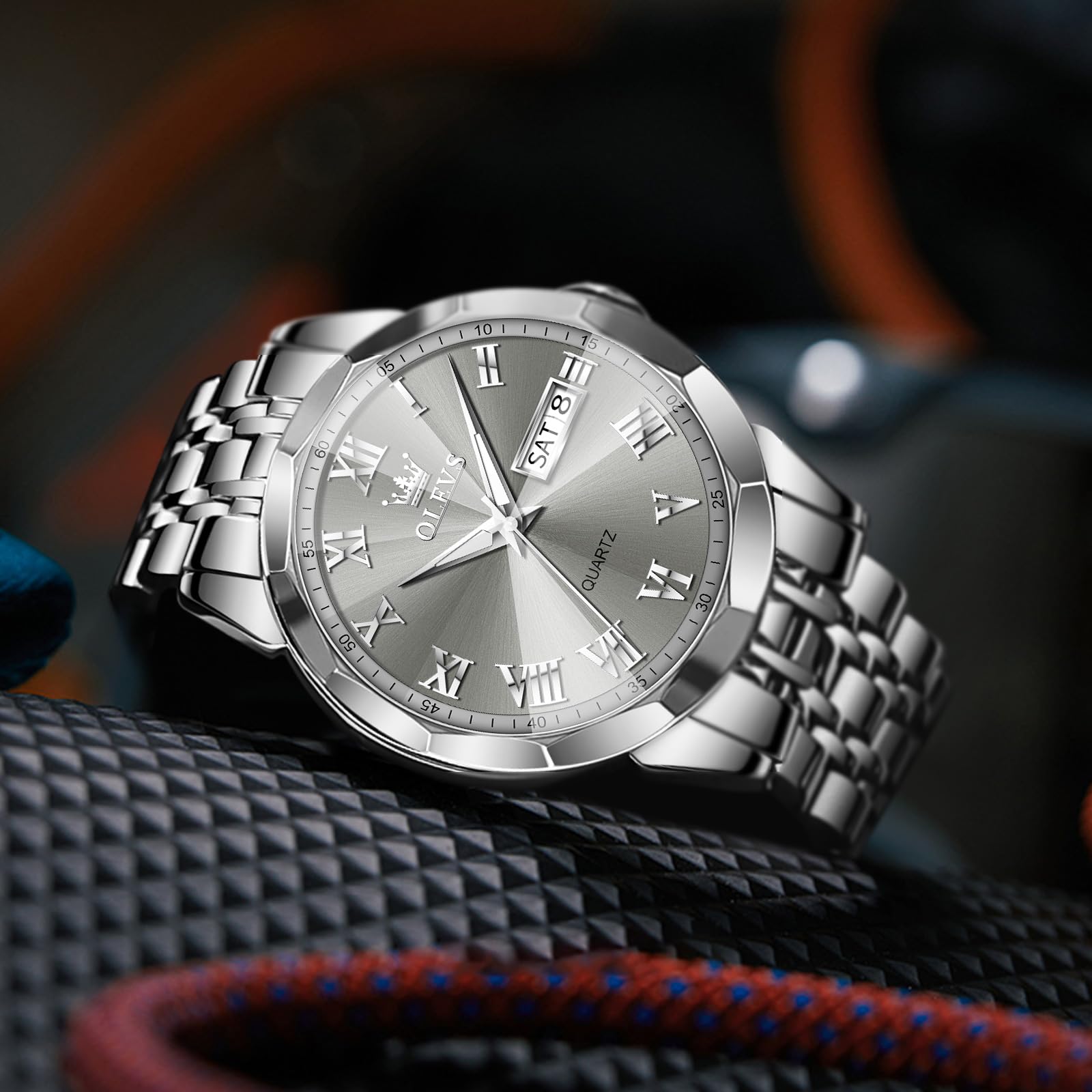 Luxury Men's Watches - OLEVS Stainless Steel Dress Watch with Date (Silver/Gold/Blue/Black) | Diamond/Roman/Arabic Numeral Dial | Waterproof for Swimming & Daily Wear | Perfect for Business, Formal & Casual Occasions