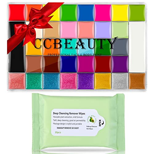CCbeauty Professional 36 Color Face & Body Paint Kit - Halloween, SFX, Cosplay Makeup Palette with Avocado Cleansing Towel | Safe for Kids & Adults | Perfect for Costume Parties, Theater & Special Effects