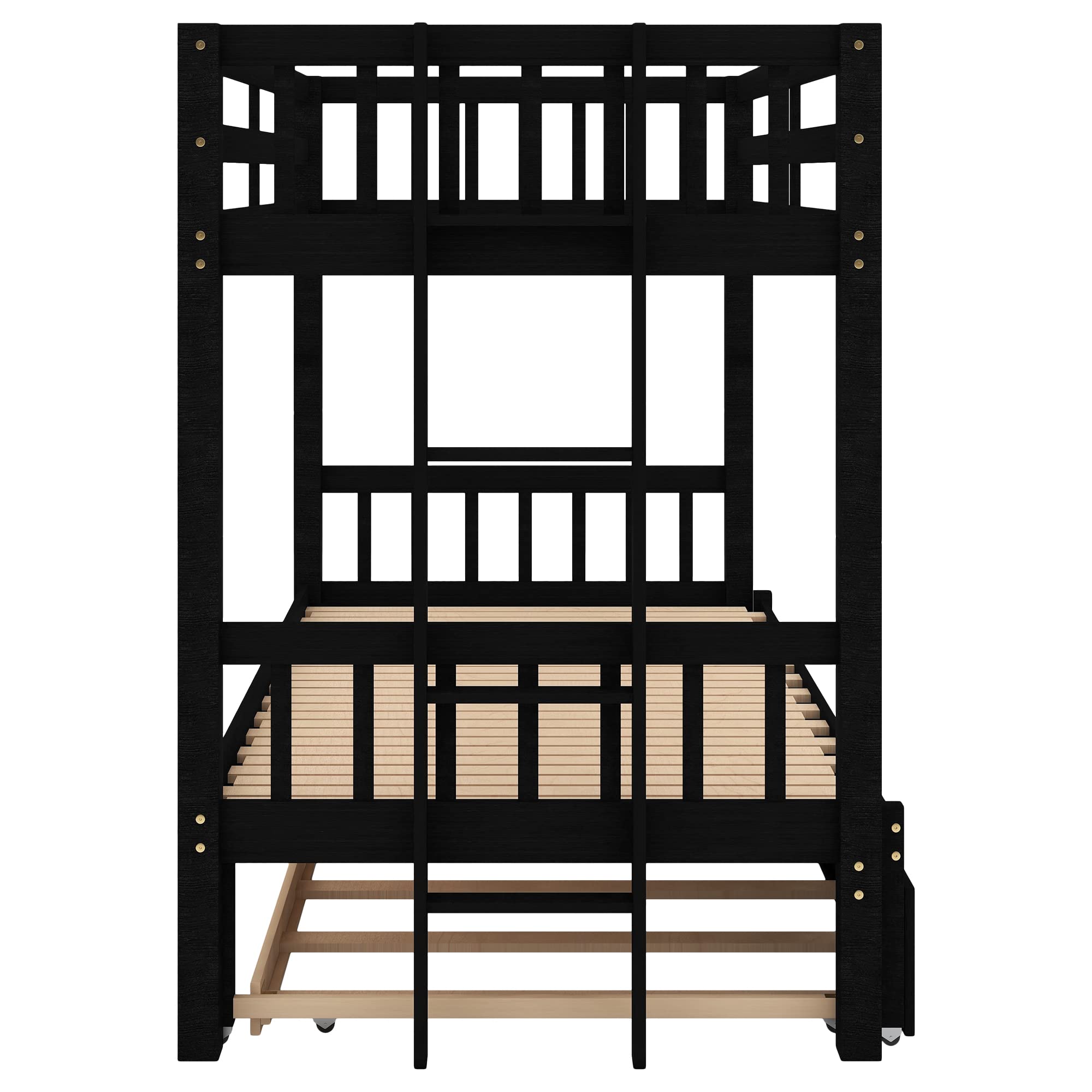 Twin Over Twin Bunk Bed with Trundle - Expandable Wooden Bunk Bed Frame for Kids - Convertible Bottom Bed to Twin/Double - Includes Ladder & Safety Rail - Espresso Finish - Perfect for Small Bedrooms, Guest Rooms & Kids' Shared Spaces