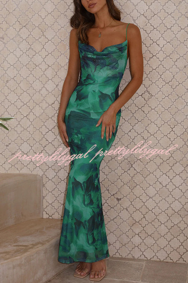 Summer Floral Print Cowl Neck Stretch Maxi Dress for Women - Perfect for Beach Vacations, Date Nights & Casual Outings