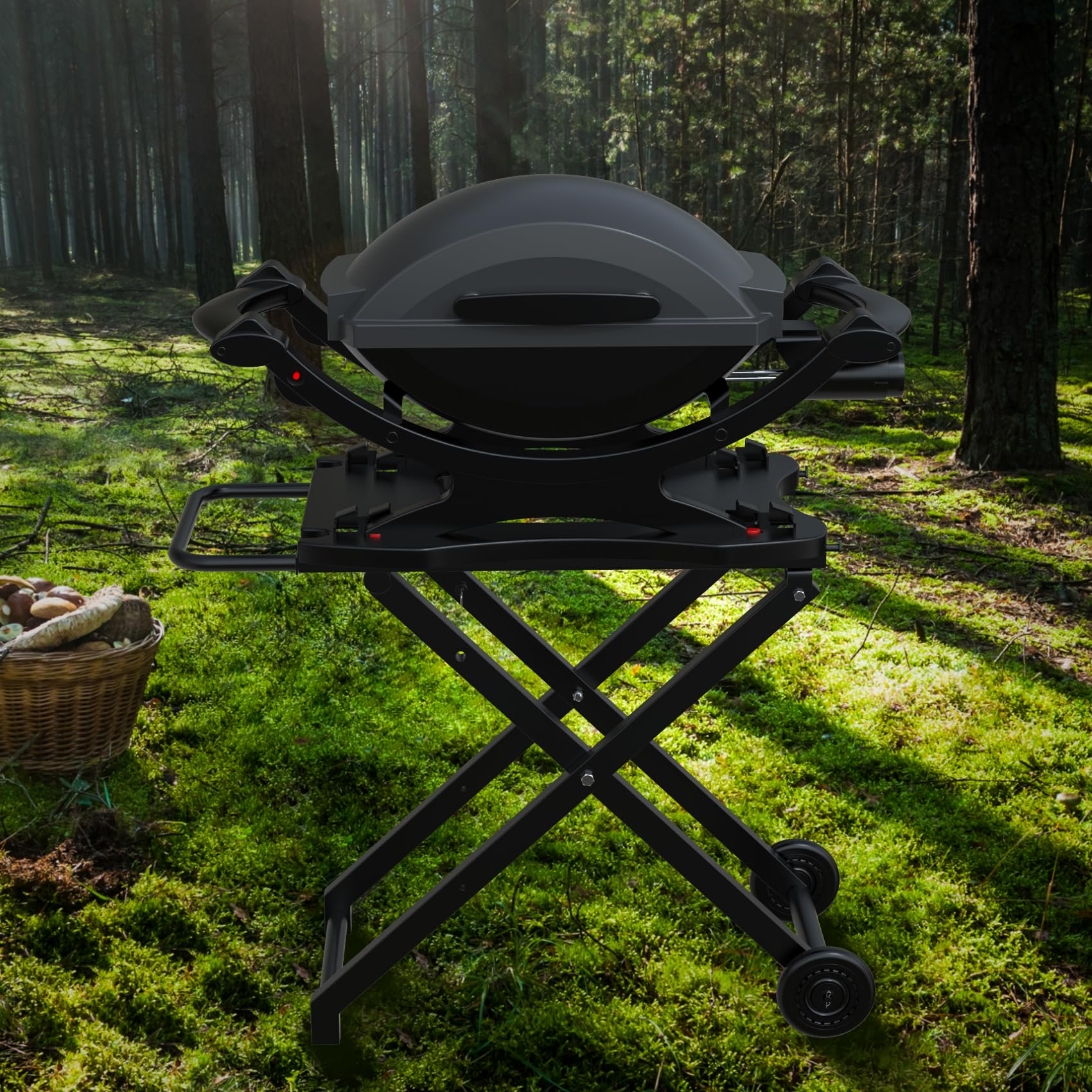 Portable Grill Stand for Weber Q Series - Heavy-Duty Collapsible BBQ Table for Q1200, Q1000, Q2000, Q1400 - 2-Wheel Outdoor Cooking Trolley for Tailgating, Camping & Backyard BBQs - Black