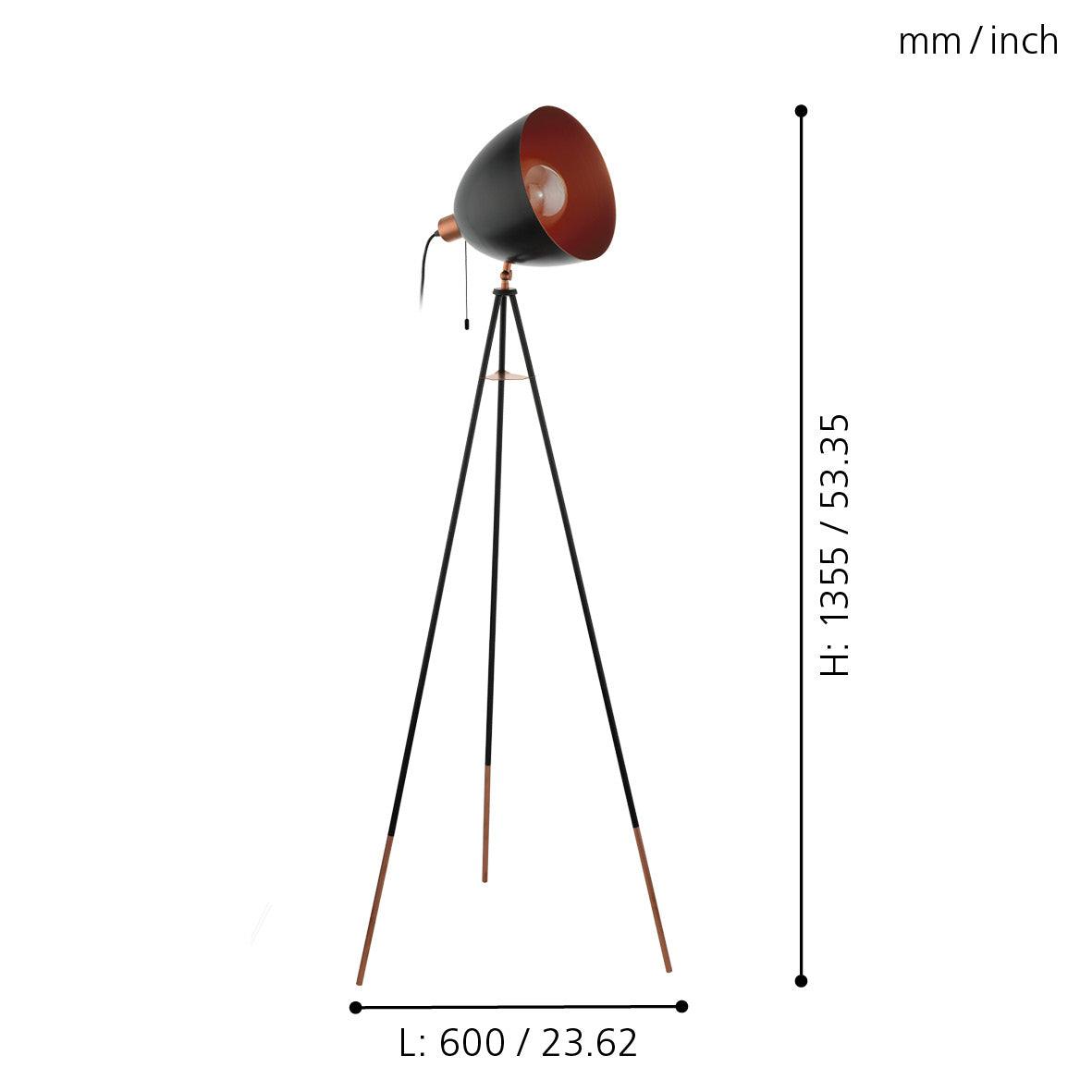 Eglo Chester Black & Copper Tripod Floor Lamp - Modern Industrial Lighting for Living Room, Bedroom, or Office - Adjustable Height & Warm Ambient Light
