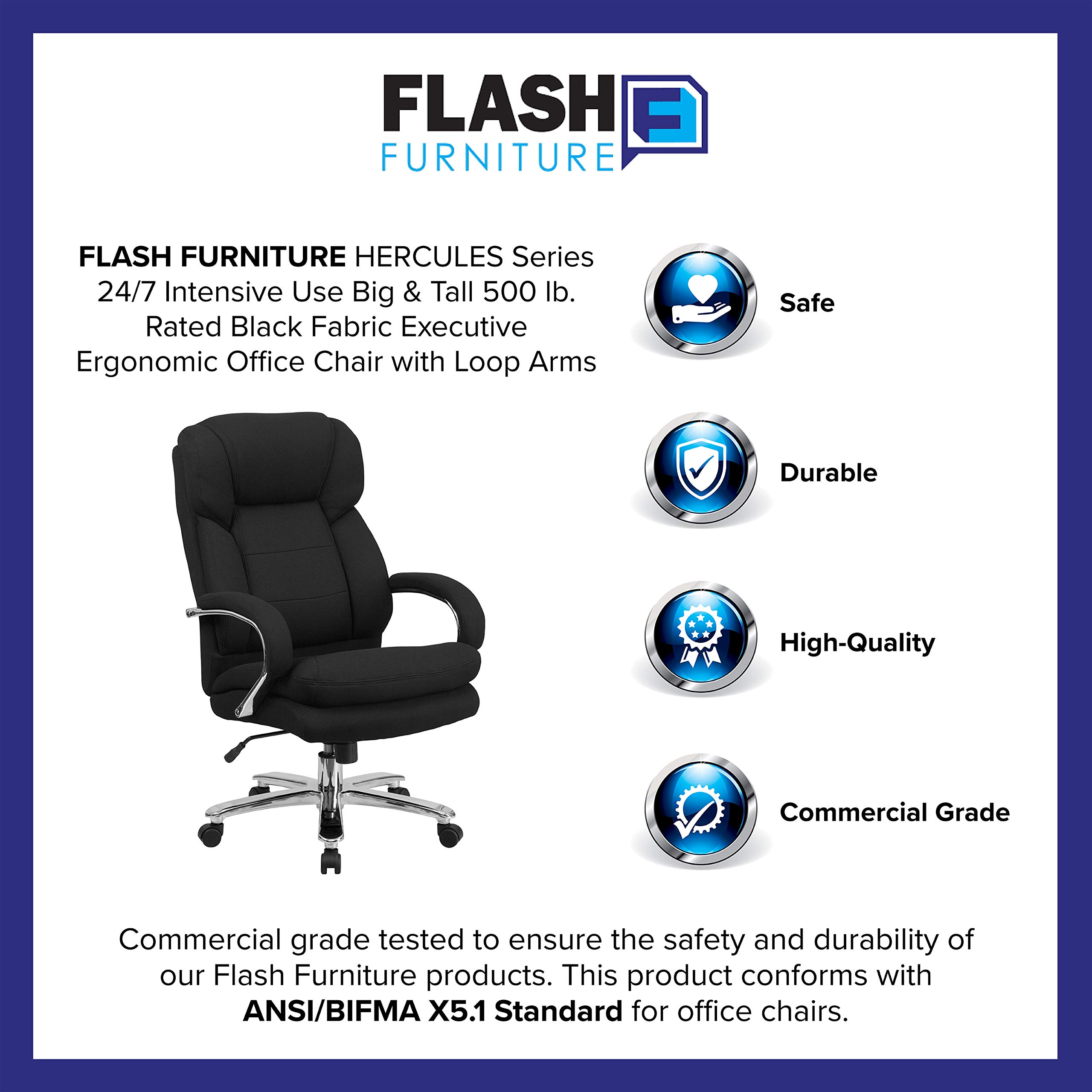 Flash Furniture Hercules Series Swivel Office Chair with Loop Arms - Ergonomic High-Back Executive Chair with Padded Seat & Adjustable Height - Black - Perfect for Home Office, Conference Rooms & Workspaces