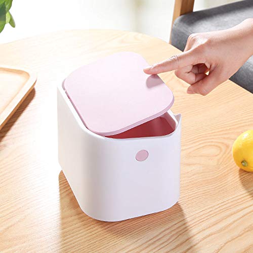 Small Desk Trash Can with Lid - Mini Portable Table Waste Bin for Home, Office, Kitchen, Bathroom & Car - Pink & White Desktop Dustbin for Paper, Snacks & Daily Trash Disposal