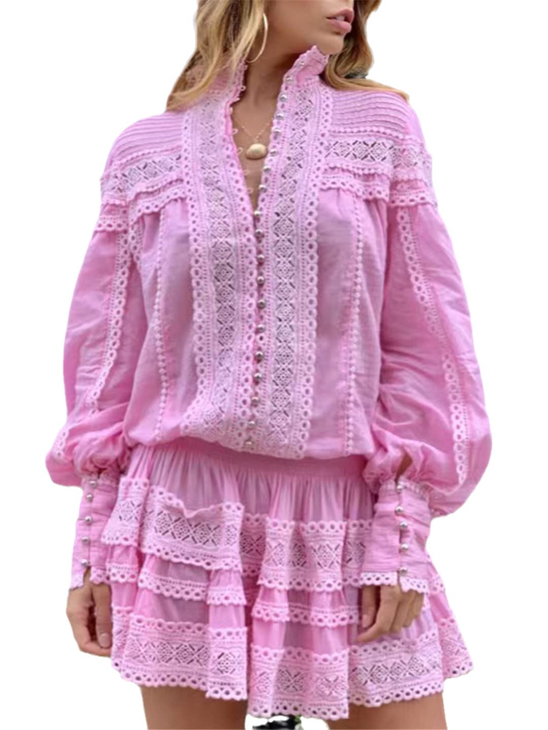 Women's Casual Lace A-Line Mini Dress with Lapel & Lantern Sleeves - Summer Loose Fit Flowy Dress for Beach, Party & Date Night