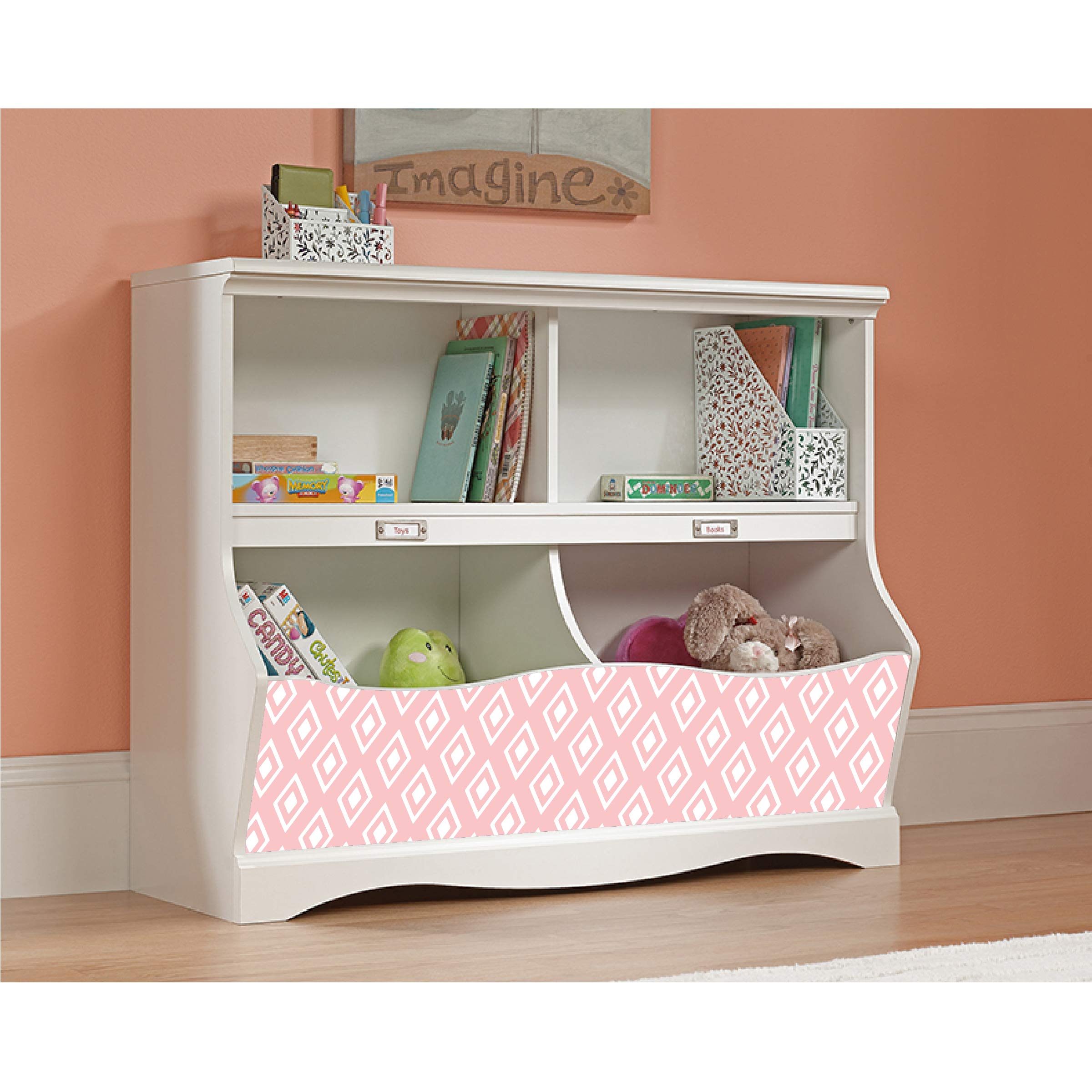 LifeSong Milestones Bookcase Footboard with Cubbyhole - White & Pink Kids Book Shelf Toy Storage Organizer for Nursery, Playroom & Bedroom - Perfect for Organizing Books, Toys and Decor in Children's Rooms