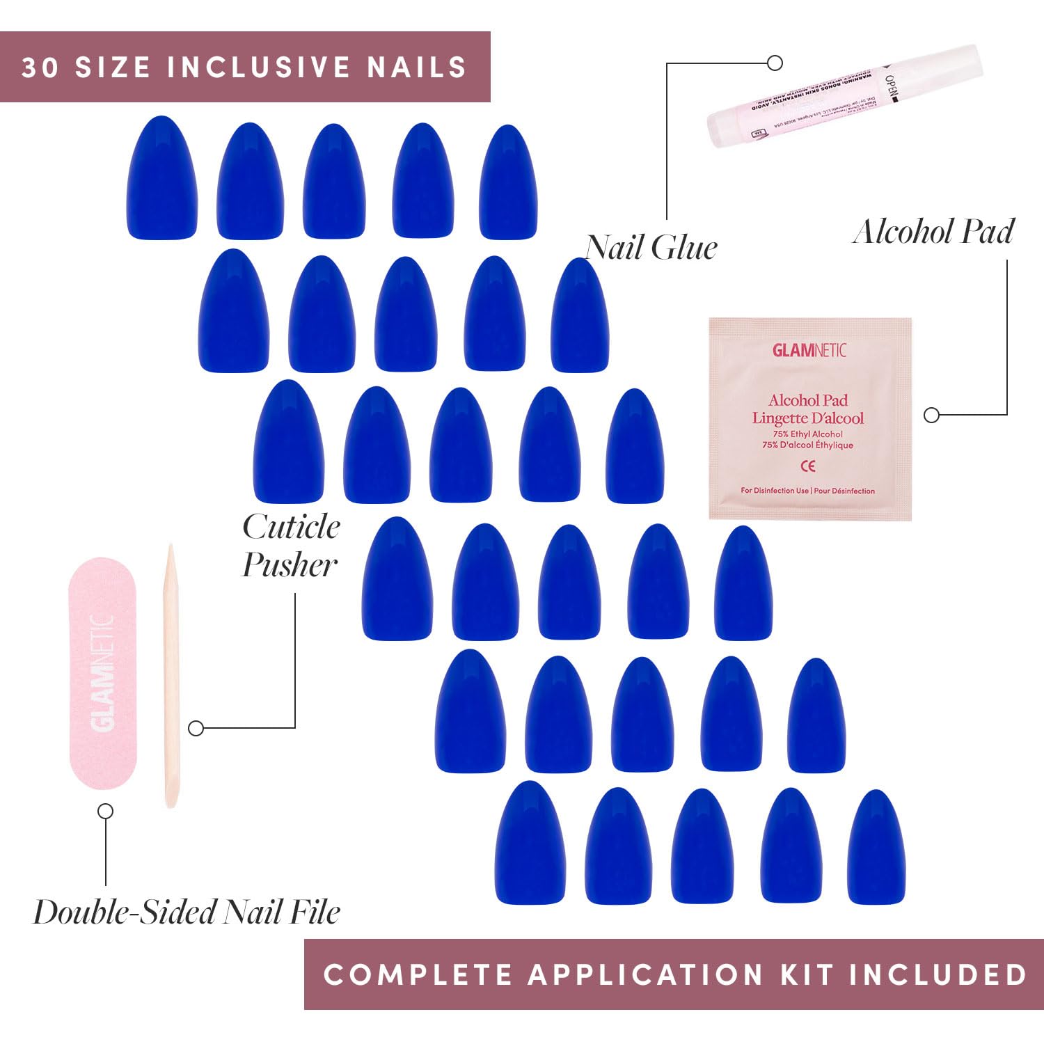 Glamnetic Press On Nails - Cobalt Blue Short Almond Fake Nails | Reusable 30-Piece Kit with 15 Sizes | Opaque Vibrant Blue Artificial Nails for Parties, Weddings & Everyday Wear