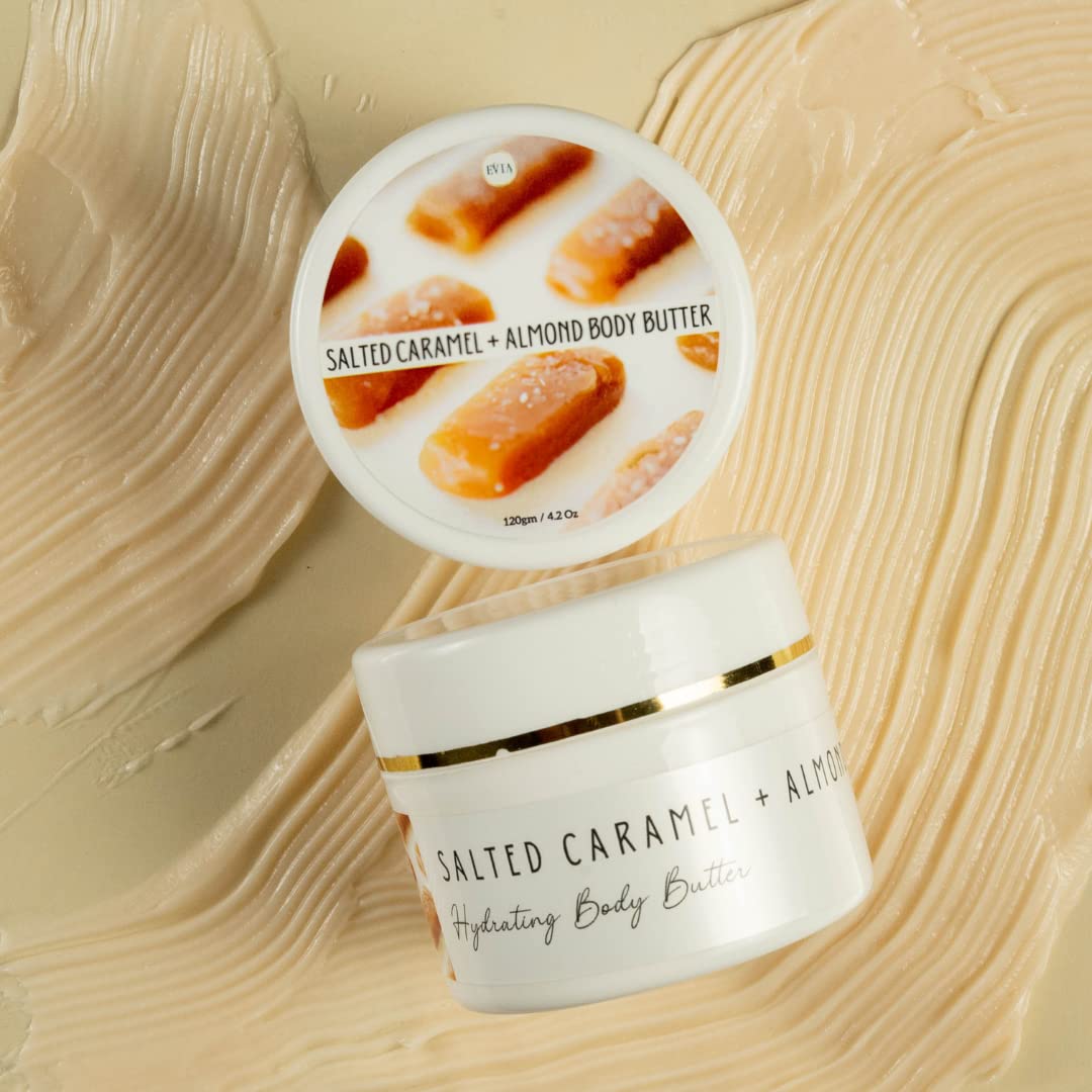 Evia Salted Caramel & Almond Body Butter 120g - Nourishing Almond Oil & Shea Butter Moisturizer for Dry Skin | Perfect for Winter Care & Daily Hydration