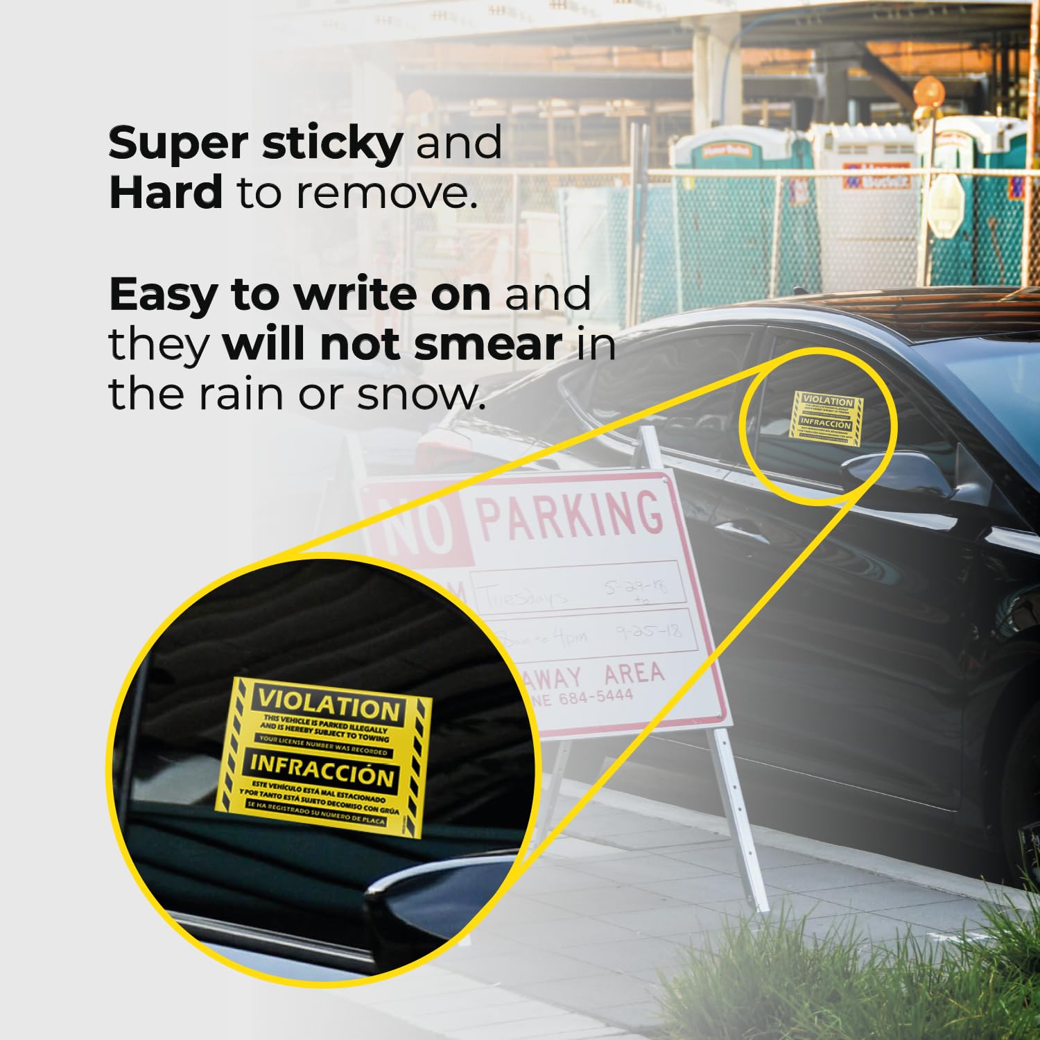 100 Hard-to-Remove No Parking Violation Stickers - Super Sticky Warning Tow Stickers 8x5 Inch (Yellow Bilingual) - Perfect for Parking Enforcement, Private Property Warnings & Illegal Parking Deterrent