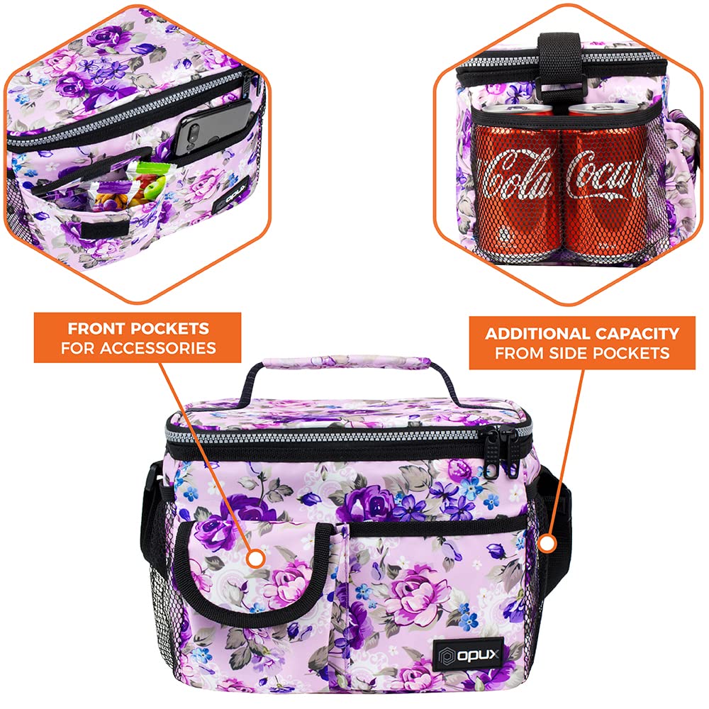 OPUX Insulated Lunch Bag for Men & Women - Leakproof Floral Purple Lunch Box for Work & School - Portable Soft Cooler Bag with Shoulder Strap - 14 Can/8L Capacity - Perfect for Office, Picnics & Outdoor Activities