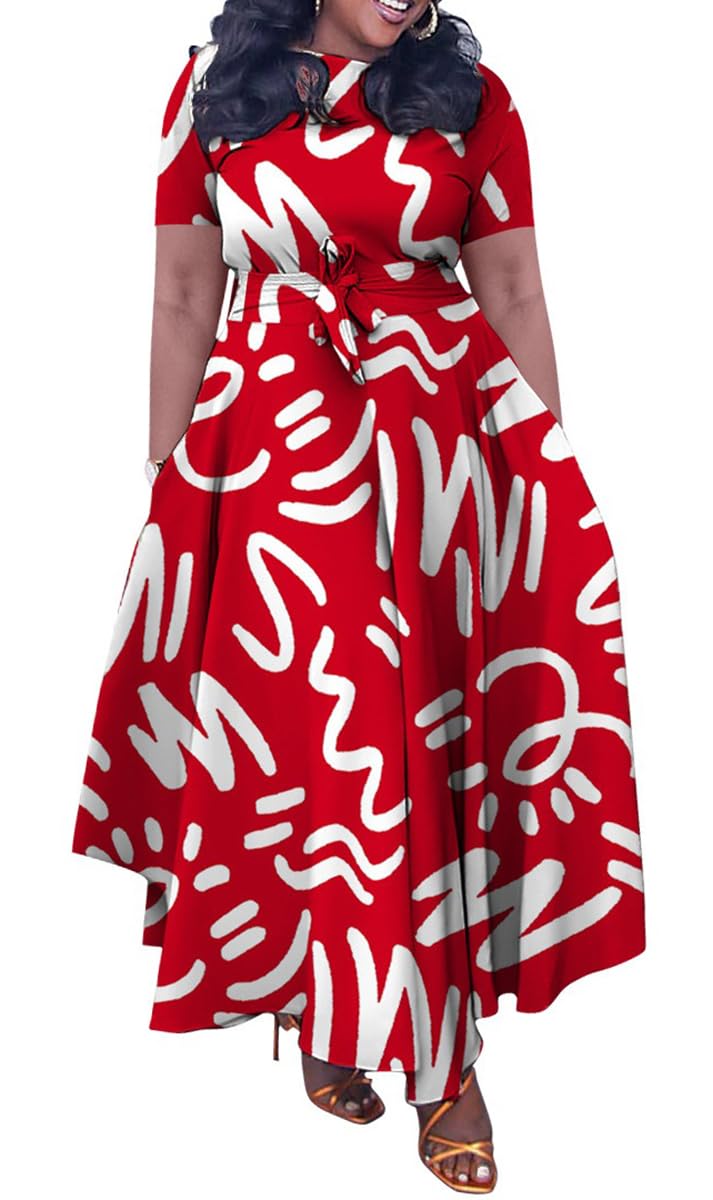 BFFBABY Women's Plus Size A-Line Summer Dress with Sleeves & Belt - Casual Long Dress for Everyday Wear, Office, or Special Occasions