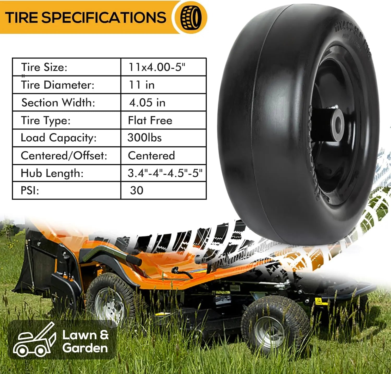 2PCS 11x4.00-5 Flat Free Lawn Mower Tires on Wheels – Universal Fit for Zero Turn Mowers, 3/4
