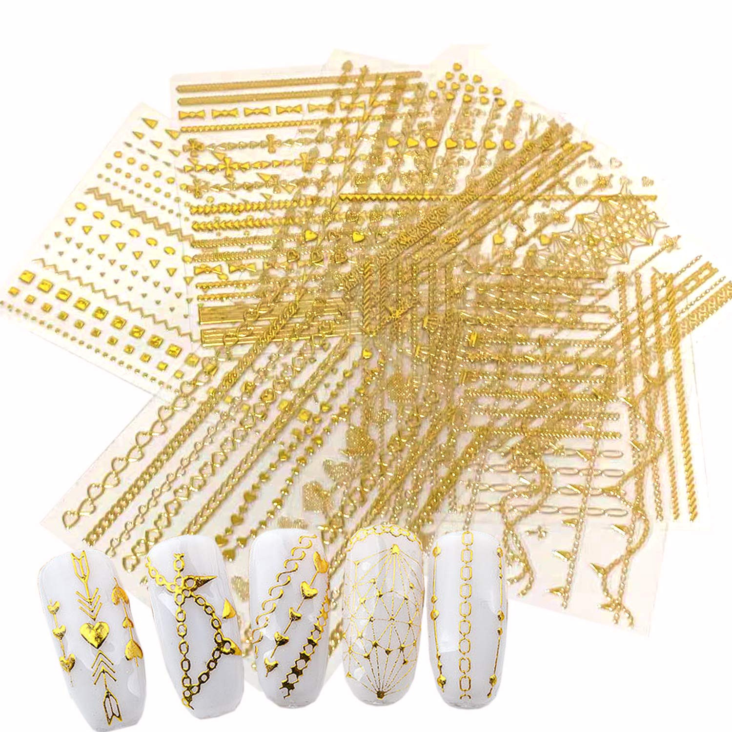 8 Sheets Gold 3D Nail Art Stickers - Self-Adhesive Metallic Chains, Lines, Triangle, Heart & Circle Nail Decals - Holographic Glitter Nail Supplies for Women & Girls - Perfect for Manicures, Parties, Weddings & Special Occasions