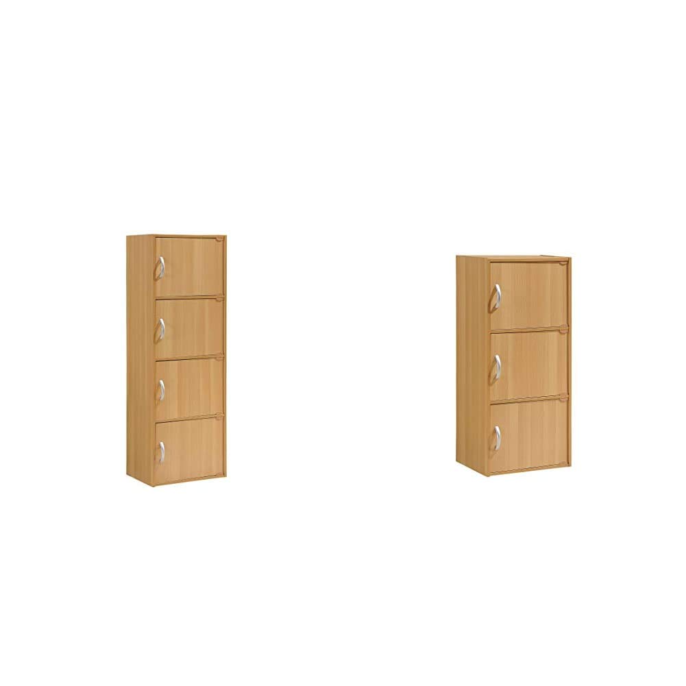 HODEDAH 4-Shelf Bookcase Cabinet & 3-Shelf Bookcase Cabinet in Beech - Modern Storage Solution for Home Office, Living Room, and Bedroom Organization