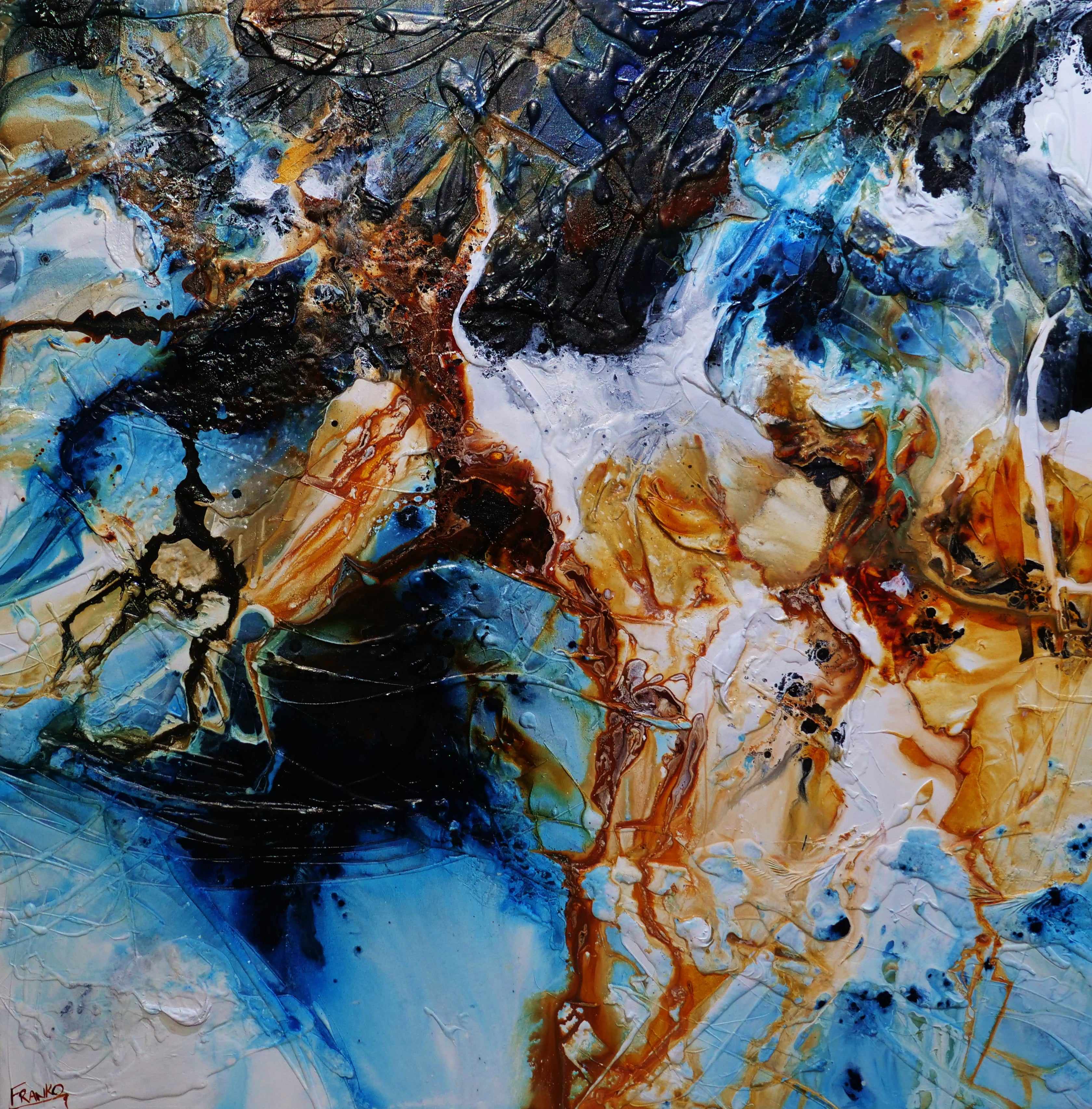 150cm x 150cm Rust, Black, Blue Textured Abstract Wall Art Painting - Modern Home Decor for Living Room, Bedroom & Office