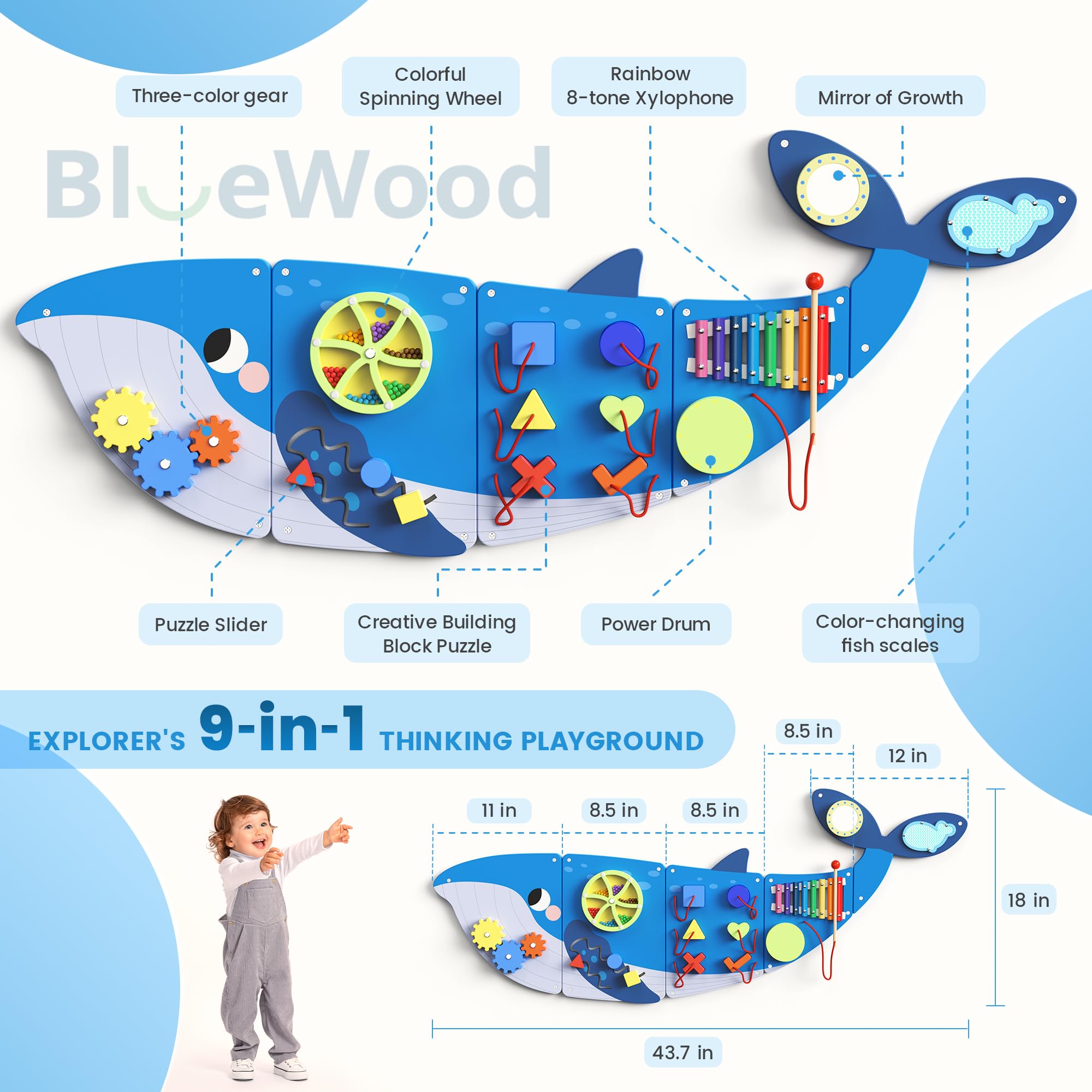 BlueWood Whale Wall Busy Board - Montessori Sensory Activity Center for Toddlers | Educational Learning Toy for Fine Motor Skills & Cognitive Development | Perfect for Daycare, Preschool & Home Playrooms