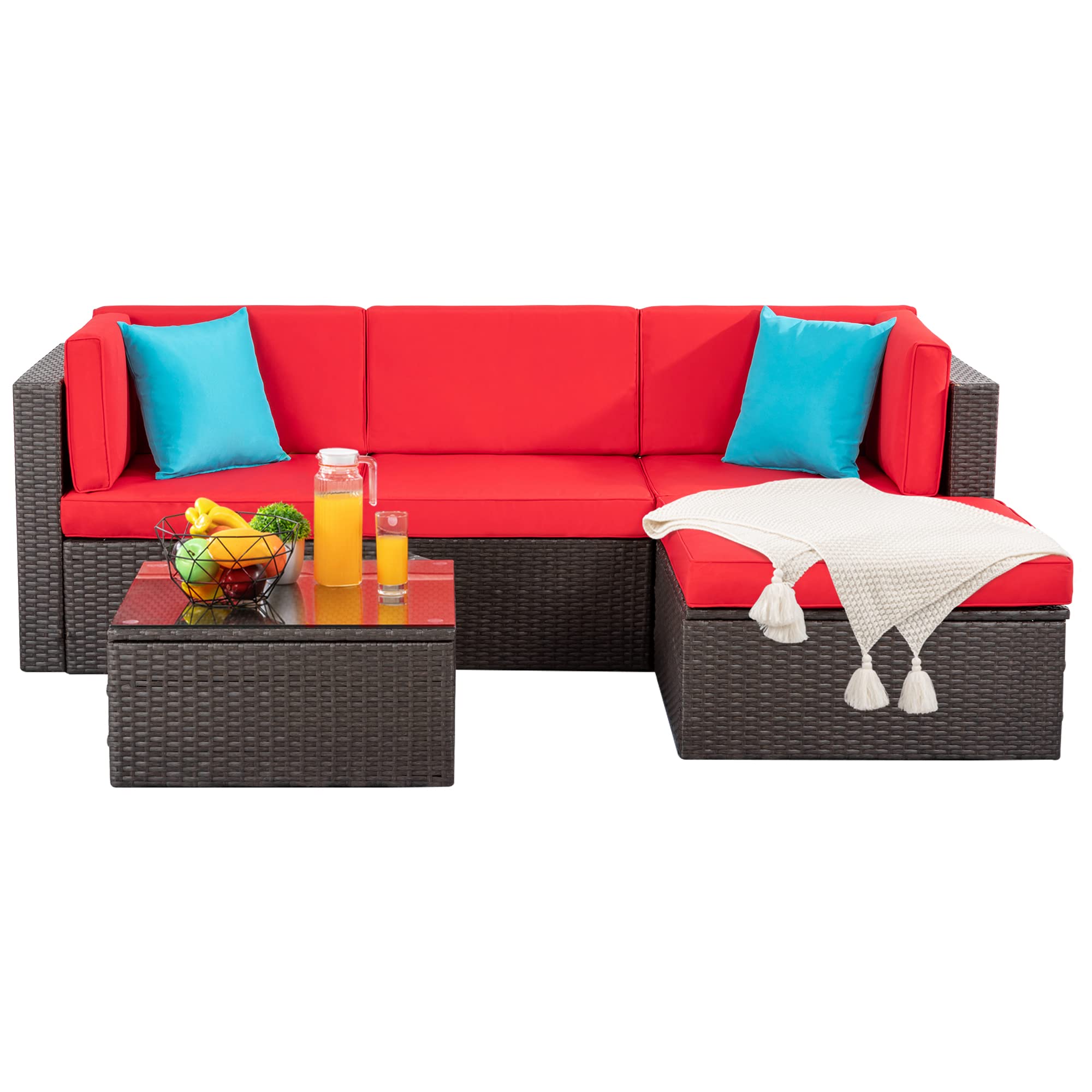 5-Piece All-Weather Outdoor Patio Furniture Set - PE Rattan Sectional Sofa with Glass Coffee Table, Ottoman & Red Cushions - Perfect for Garden, Poolside & Backyard Relaxation