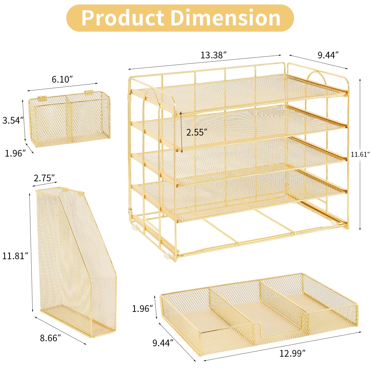 Youbetia 5-Tier Desk Organizer with Vertical File Racks & Drawer - Desktop Paper Tray Office Organizer with Pen Holder - Workspace Accessories for Home & Office (Gold) - Perfect for Organizing Documents, Stationery & Office Supplies