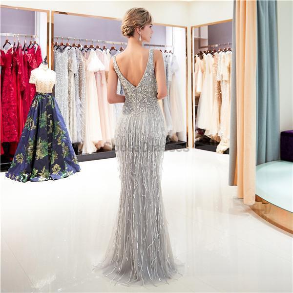 Elegant Gray V-Neck Lace Beaded Mermaid Prom Dress for Evening Parties & Formal Events - Perfect for Homecoming, Prom Night, and Special Occasions
