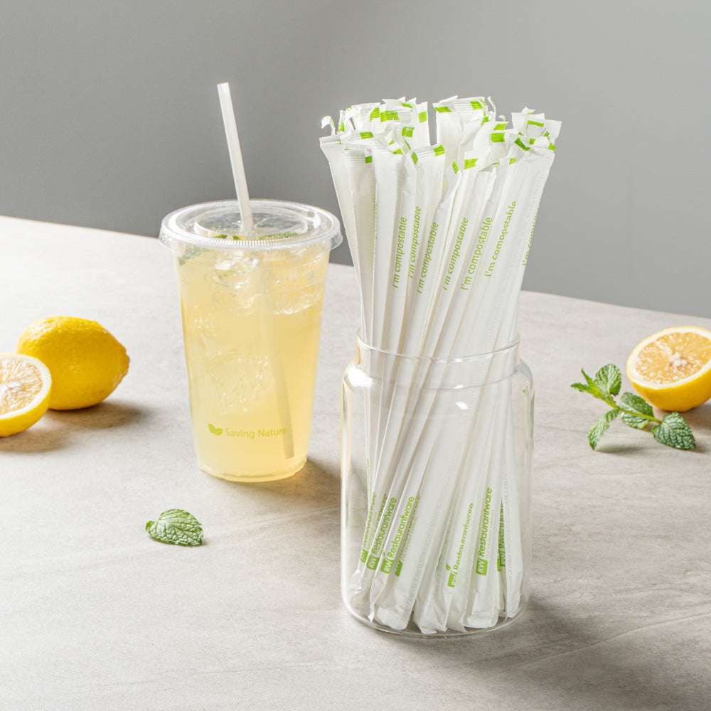 Eco-Friendly Compostable White PLA/PBAT Plastic Straws - 8 1/4 Inch, 100 Count Box - Biodegradable Drinking Straws for Parties, Restaurants & Home Use