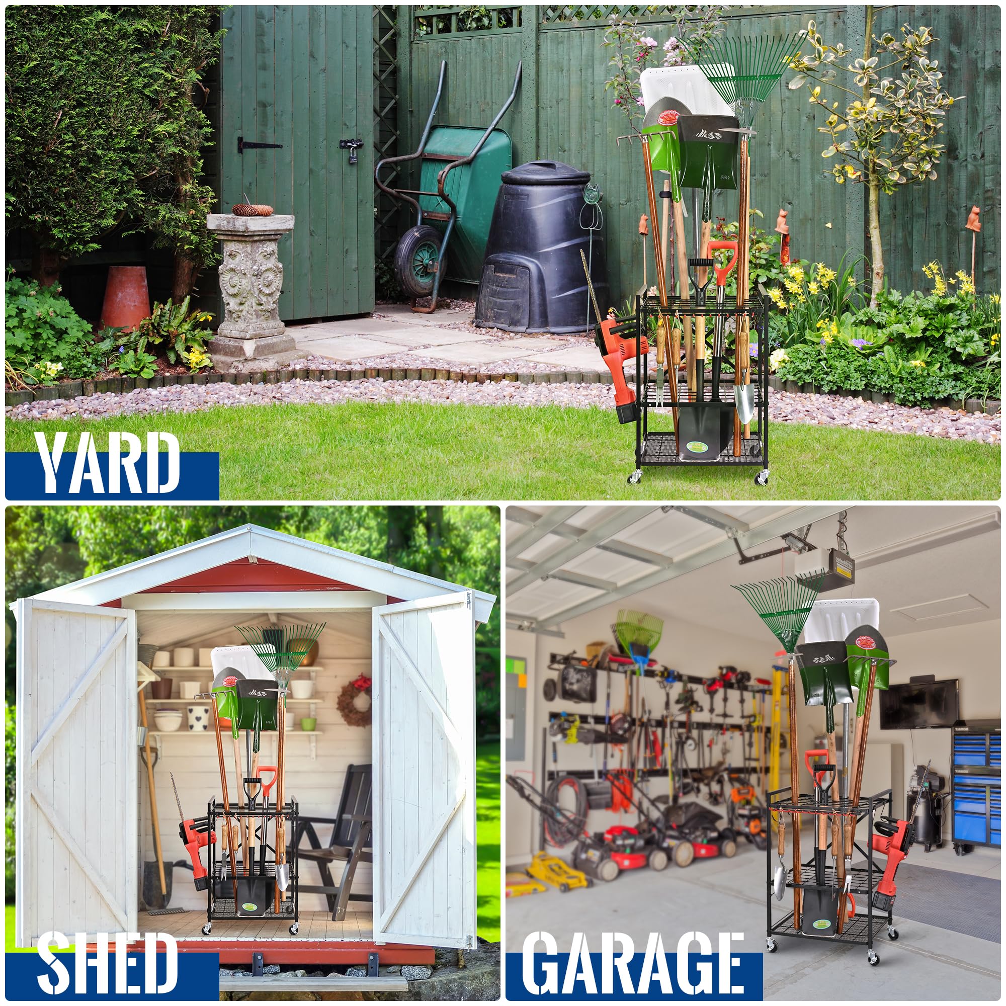 Mythinglogic Small Tower Garden Tool Organizer with Wheels - Heavy Duty Garage & Yard Tool Storage Rack for Shovels, Rakes & Gardening Equipment - Perfect for Shed, Garage or Outdoor Tool Organization