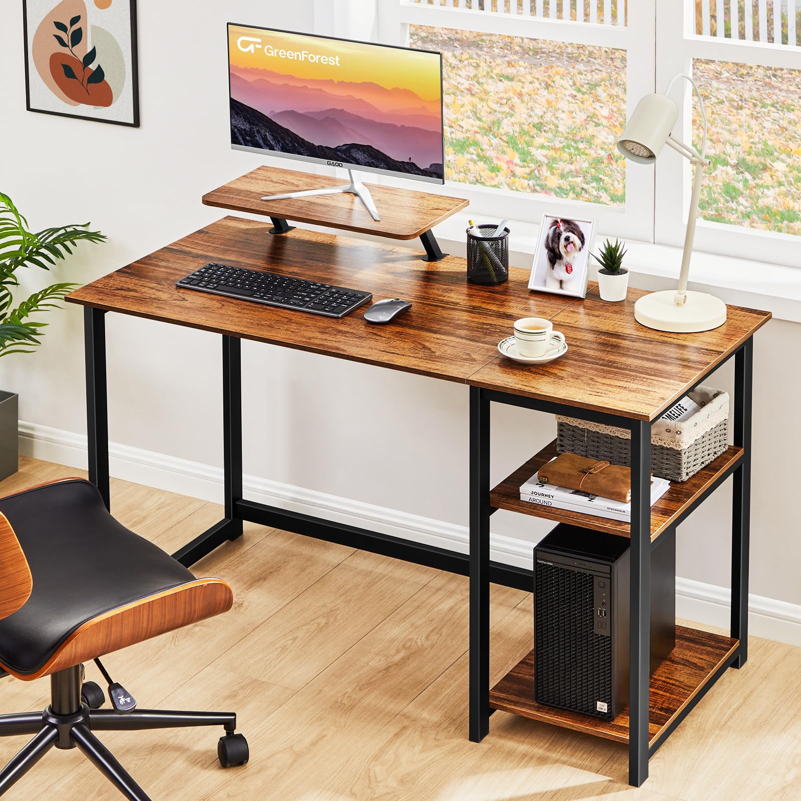 GreenForest 39-inch Computer Desk with Monitor Stand | Reversible Storage Shelf | Home Office Desk for Small Spaces | Easy Assembly | Walnut Finish | Perfect for Remote Work & Gaming Setup