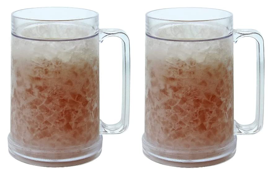 Double Wall Insulated Freezer Mugs - 16oz Frosty Beer Glasses with Handle for Chilled Drinks - Set of 2 Reusable Freezable Cups for Beer, Cocktails & Iced Beverages - Perfect for Parties, BBQs & Outdoor Gatherings