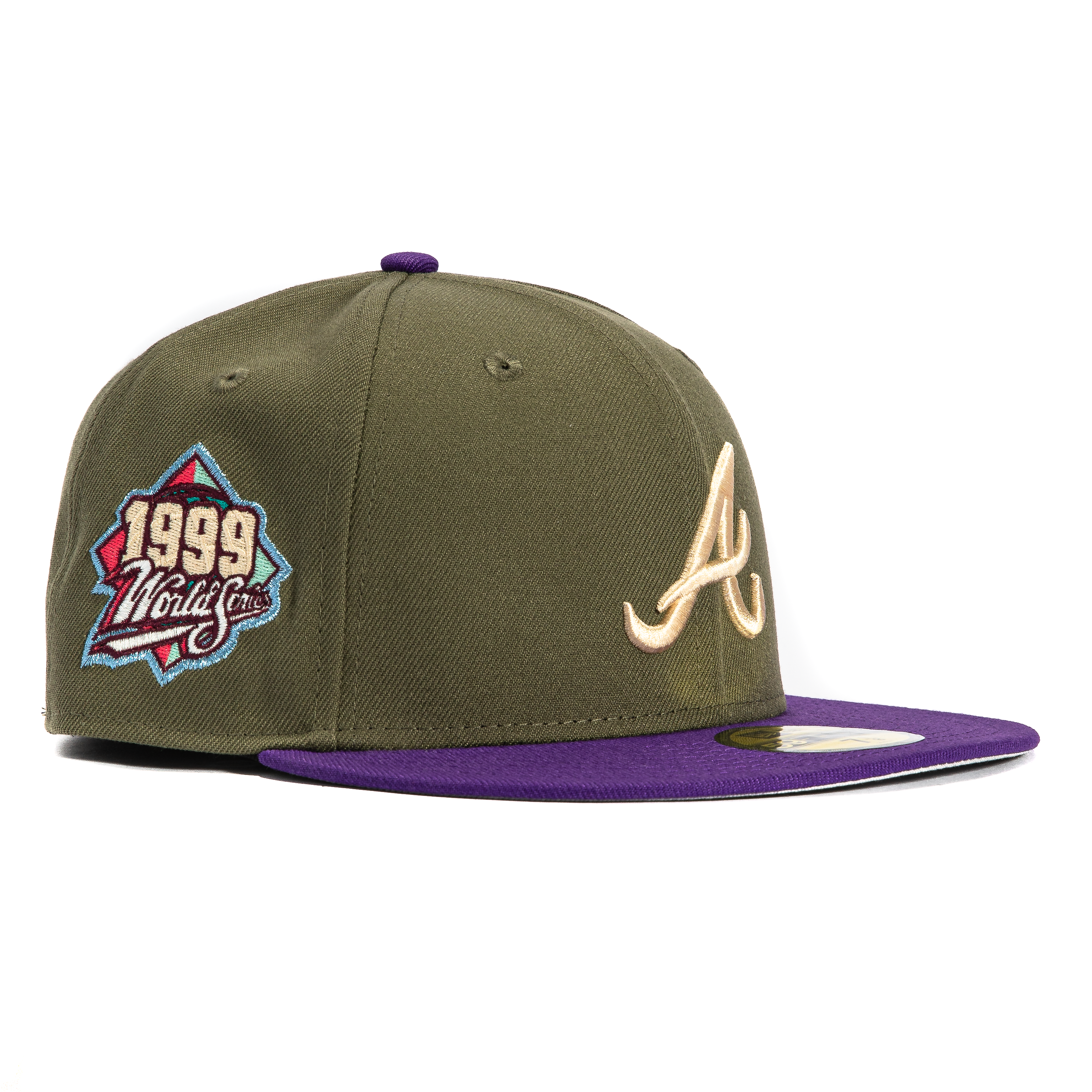 New Era 59Fifty Atlanta Braves 1999 World Series Patch Snapback Hat - Olive & Purple Colorway - Perfect for Baseball Games, Braves Fan Gear, and Sports Collectibles