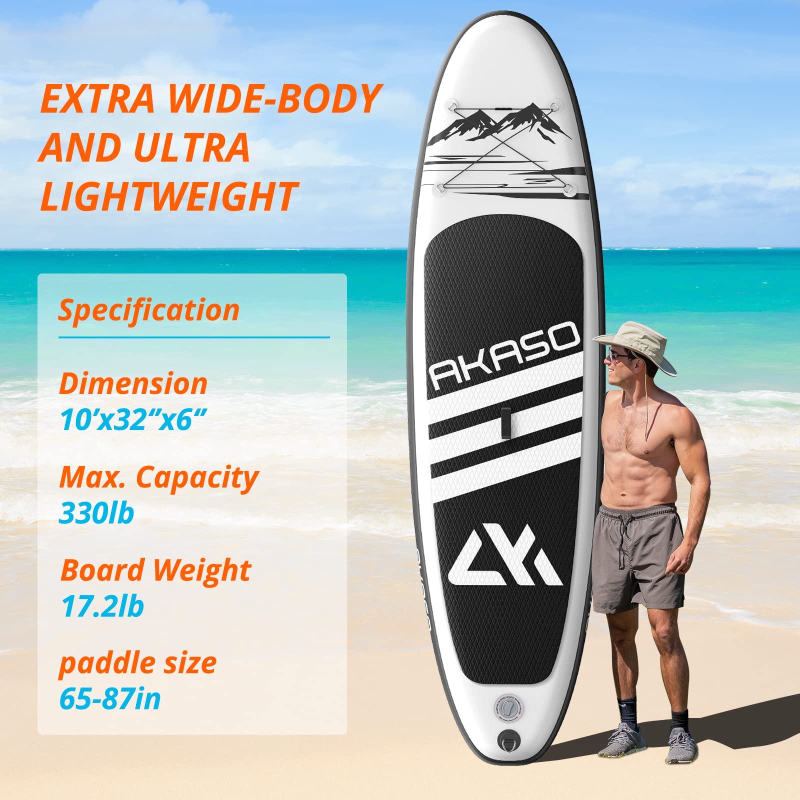 AKASO Inflatable Stand Up Paddle Board with Premium Accessories - Yoga SUP Board Includes Backpack, Non-Slip Deck, Waterproof Bag, Leash, Floating Paddle & Hand Pump (Black) - Perfect for Yoga, Fishing, Surfing & Family Fun on Lakes, Rivers & Oceans