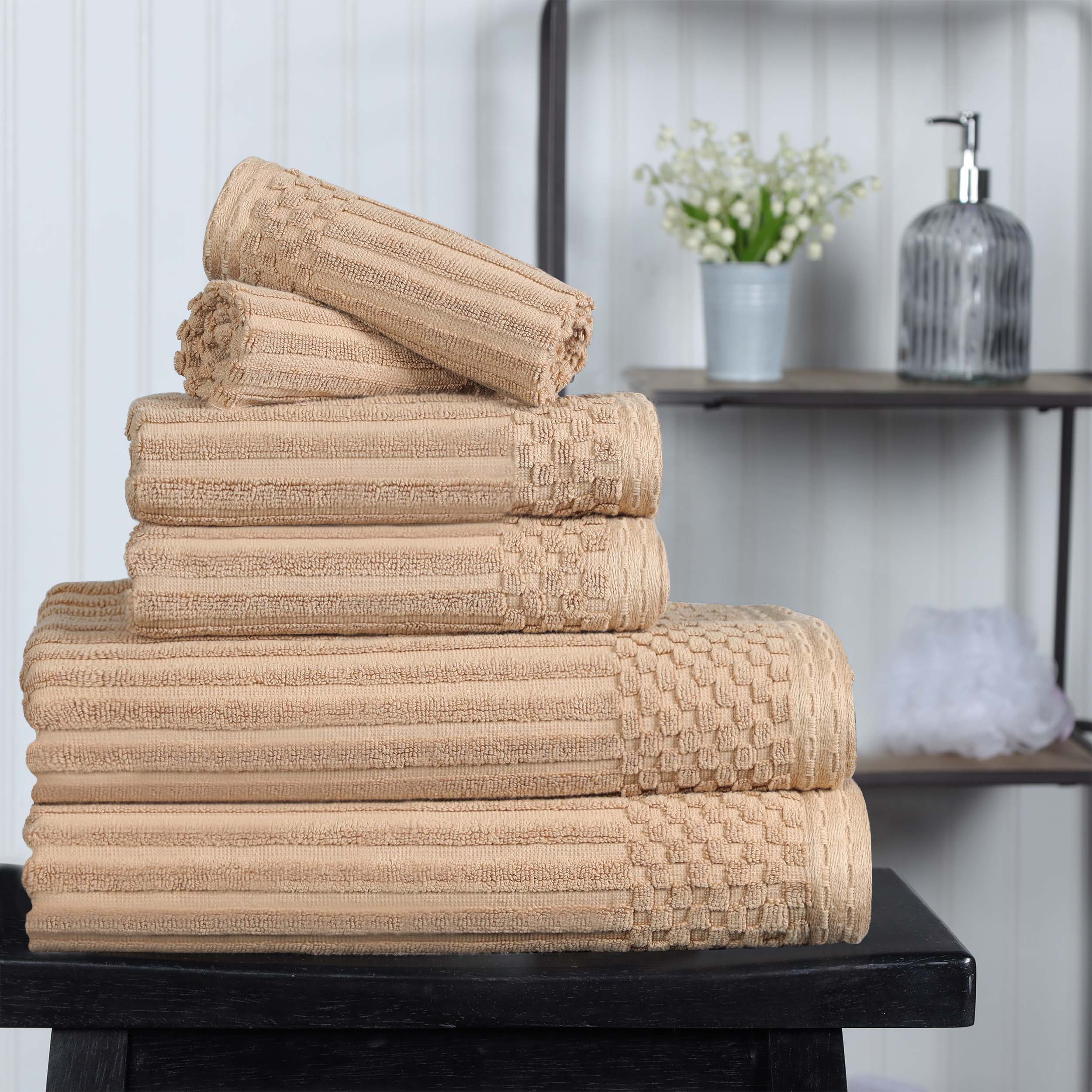 Premium 6-Piece Cotton Ribbed Textured Towel Set - Medium Weight, Soft & Absorbent Bath Towels for Spa, Gym, and Everyday Use