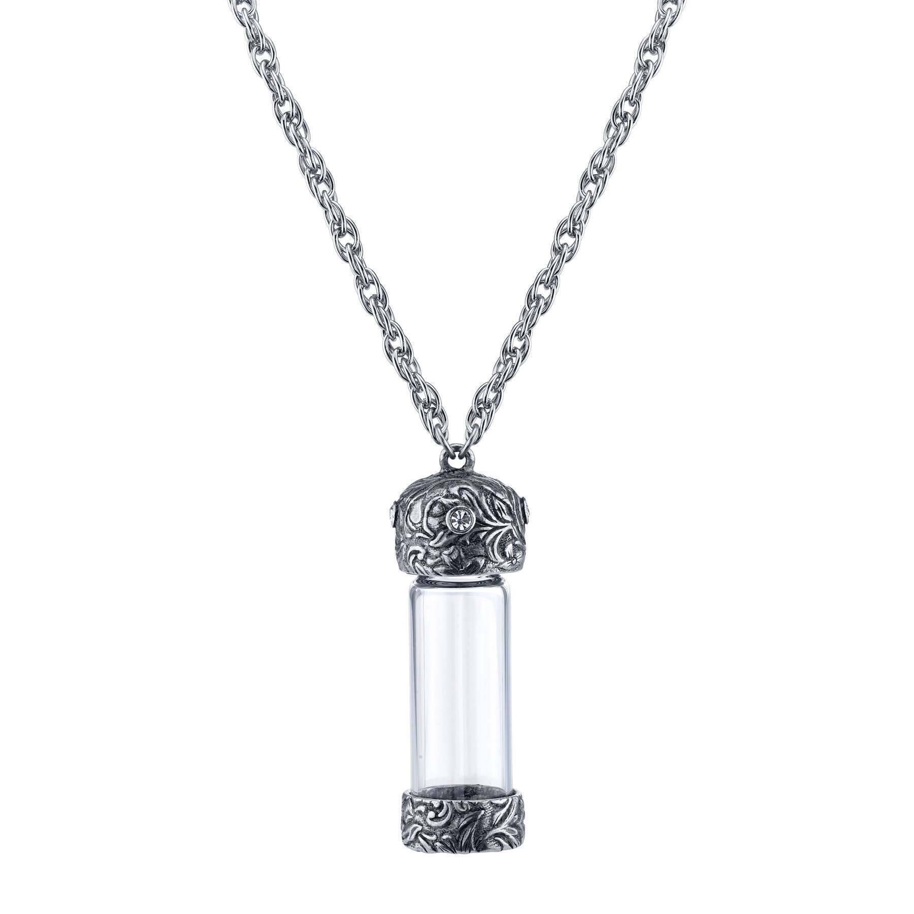 Antiqued Vine & Crystal Glass Vial Necklace - Vintage 1928 Jewelry with 30