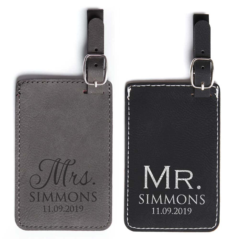 Personalized Mr & Mrs Luggage Tags - Vegan Leather Custom Wedding Gift for Couples (Black & Gray, 2 Pack) | Durable Travel Accessories for Honeymoon, Anniversary & Romantic Getaways