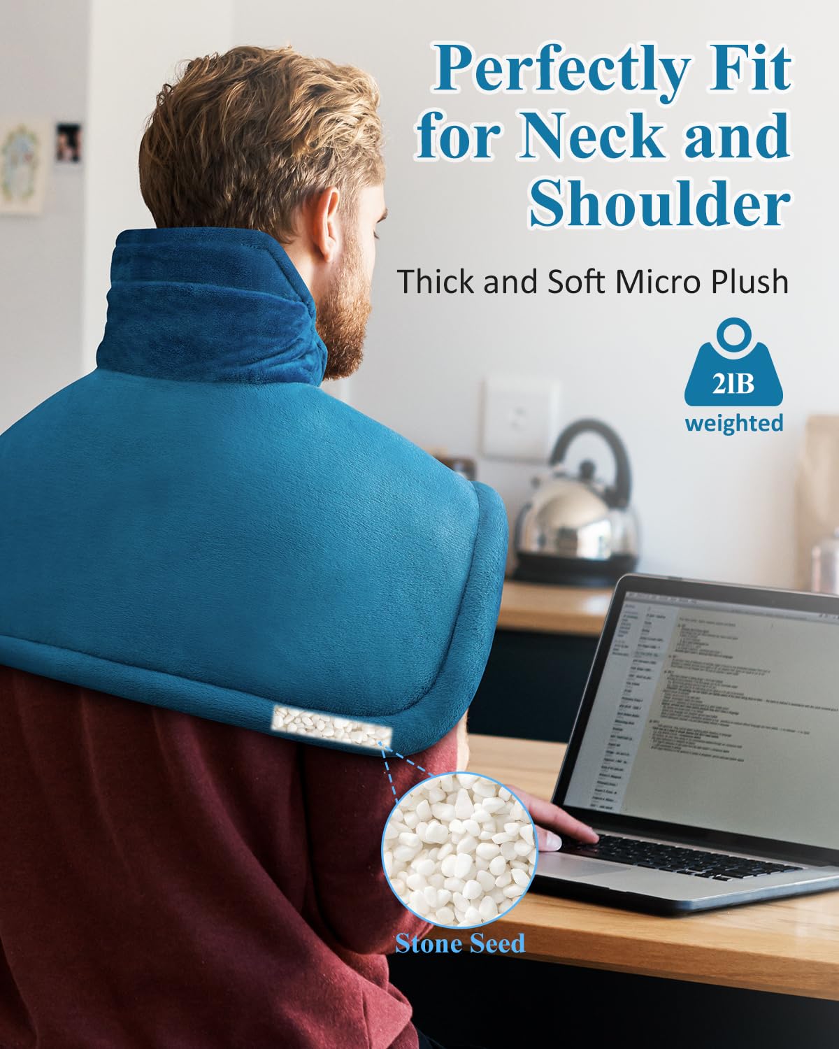Electric Heating Pad for Neck & Shoulder Pain Relief - Weighted Heat Therapy Pad for Back Pain - Perfect Mothers Day, Birthday & Anniversary Gift for Women, Men, Mom, Dad - Use at Home, Office or Travel - Blue