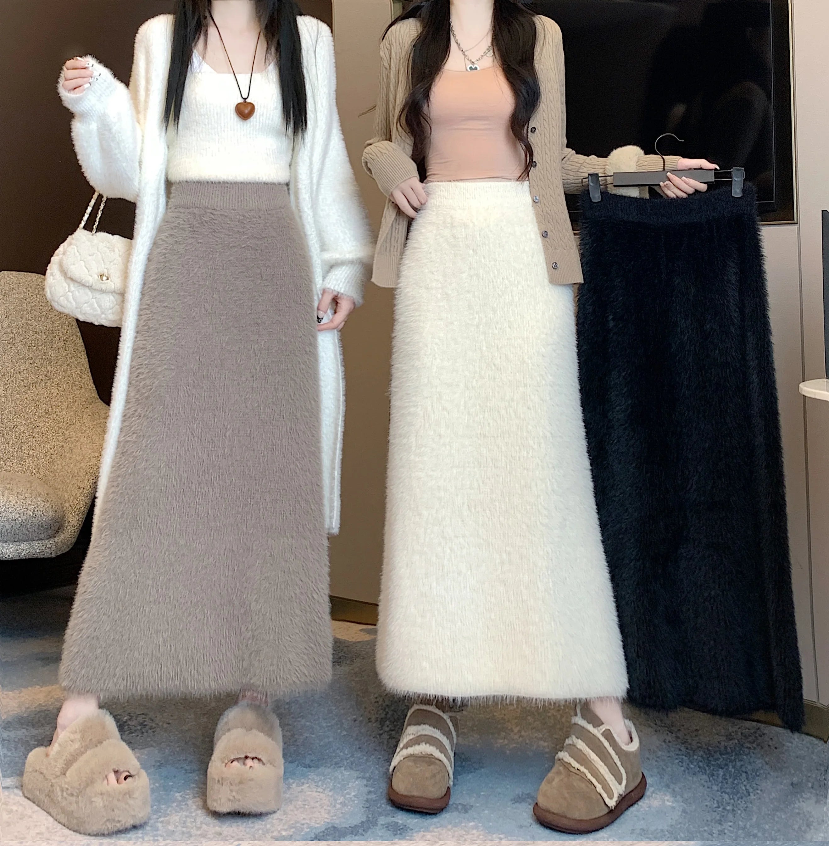 Elegant Black & White Mink Long Skirt for Women - High Waist Elastic French Knit Skirt | Winter 2024 Fashion Trend | Perfect for Vacation, Party & Office Wear