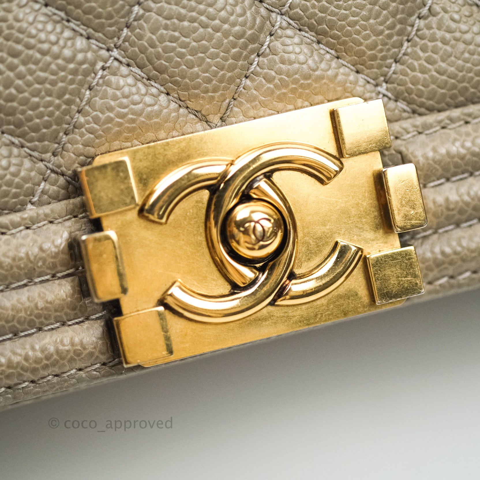 Chanel Boy Quilted Medium Handbag in Taupe Grey Caviar Leather with Gold Hardware - Perfect for Work, Evening Events & Luxury Fashion Accessories