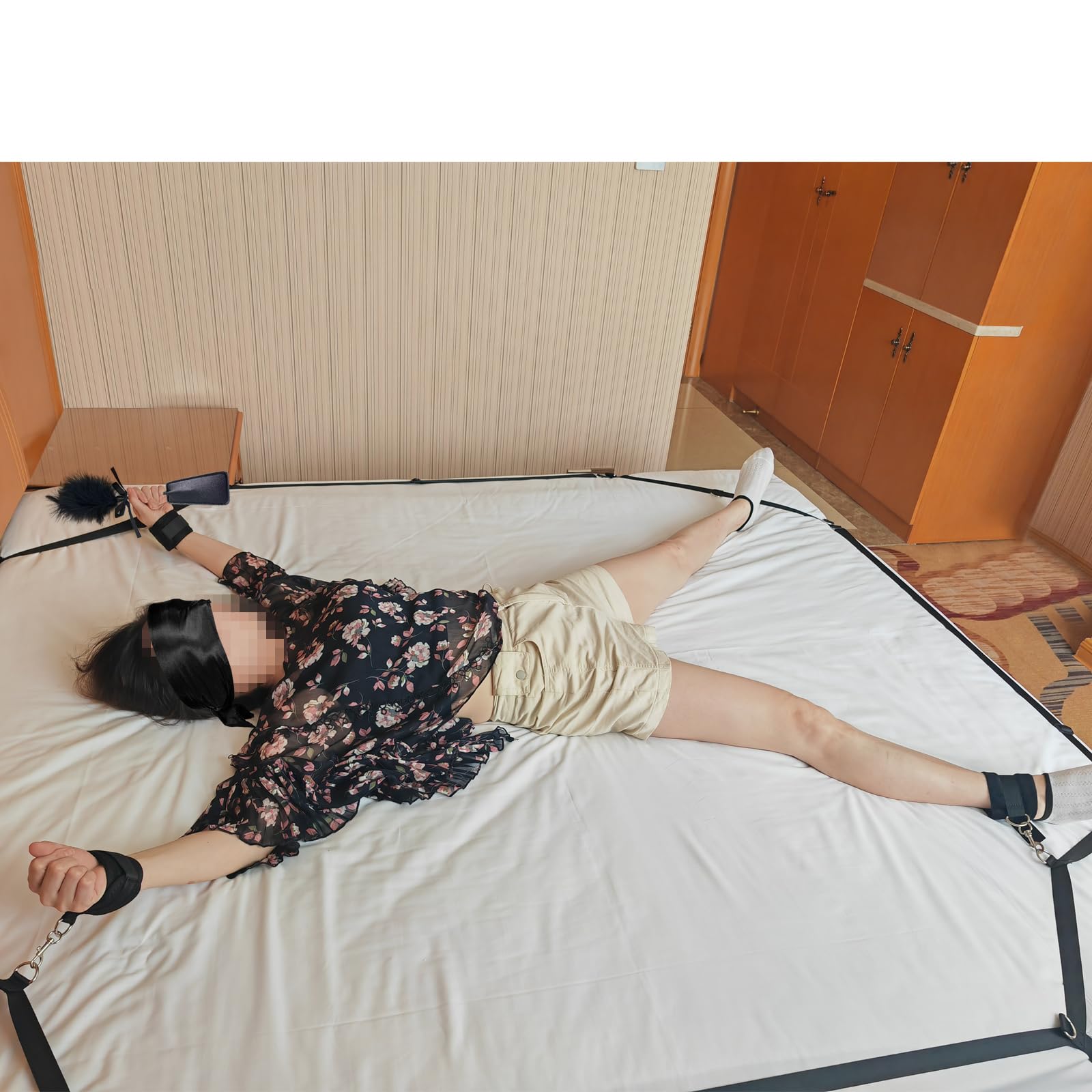 Premium BDSM Bondage Kit for Couples - Adjustable Bed Restraints Set with Handcuffs, Ankle Cuffs, Blindfold & Tickler | Strong Sex Straps Fit Thick Mattresses | Perfect for Spicing Up Your Bedroom, Role Play & Adult Games