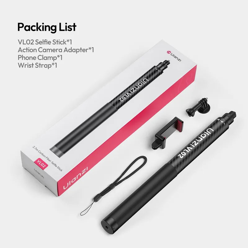 Ulanzi VL02 2.7m Carbon Fiber Selfie Stick with Tripod Stand - Extendable Monopod for Smartphones & Cameras - Perfect for Vlogging, Travel & Outdoor Photography (Model T096)