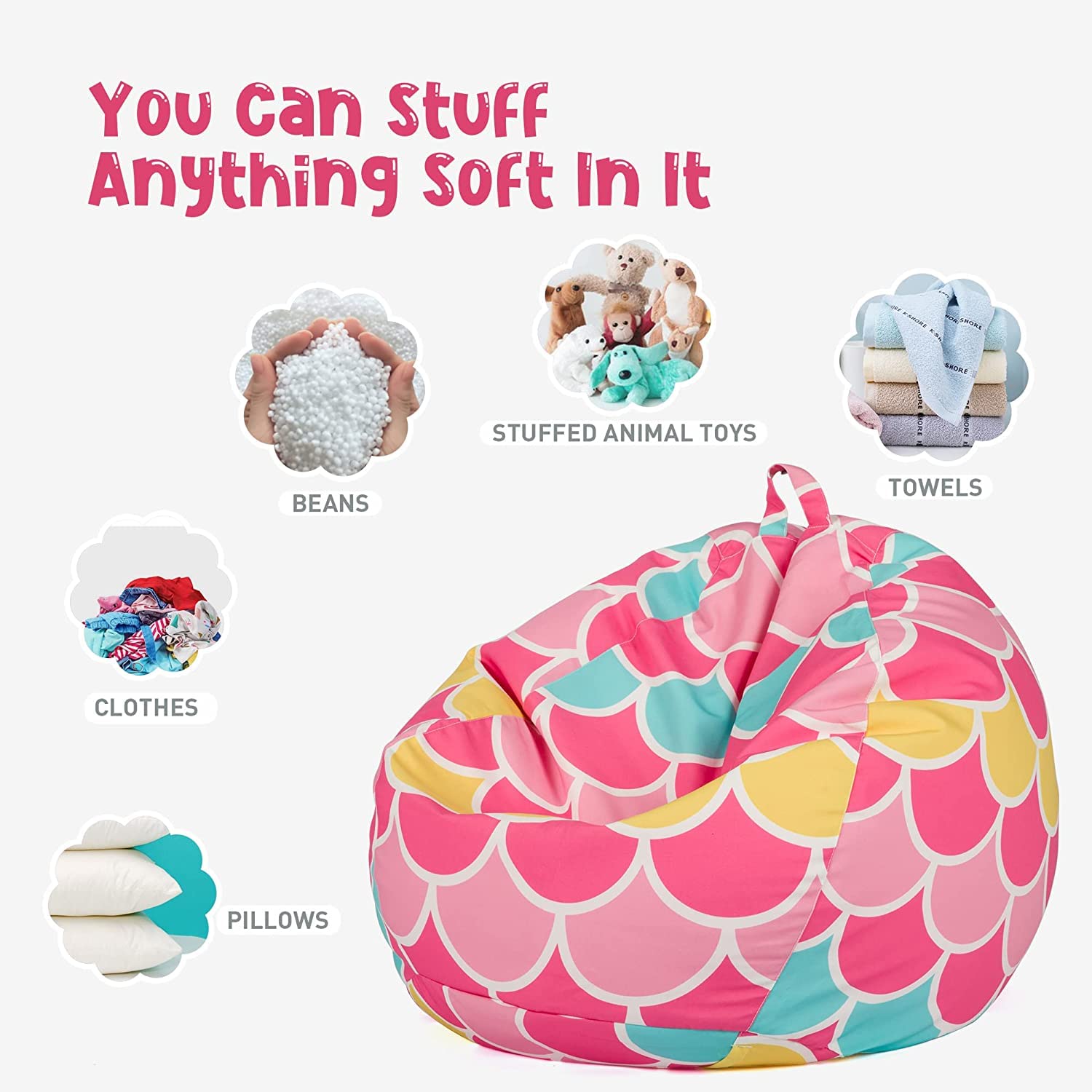 Nobildonna Stuffed Animal Storage Bean Bag Chair Cover - Large Kids Bean Bag Chair Without Filling for Girls & Toddlers, Plush Toy Organizer for Nursery, Playroom & Bedroom Decor