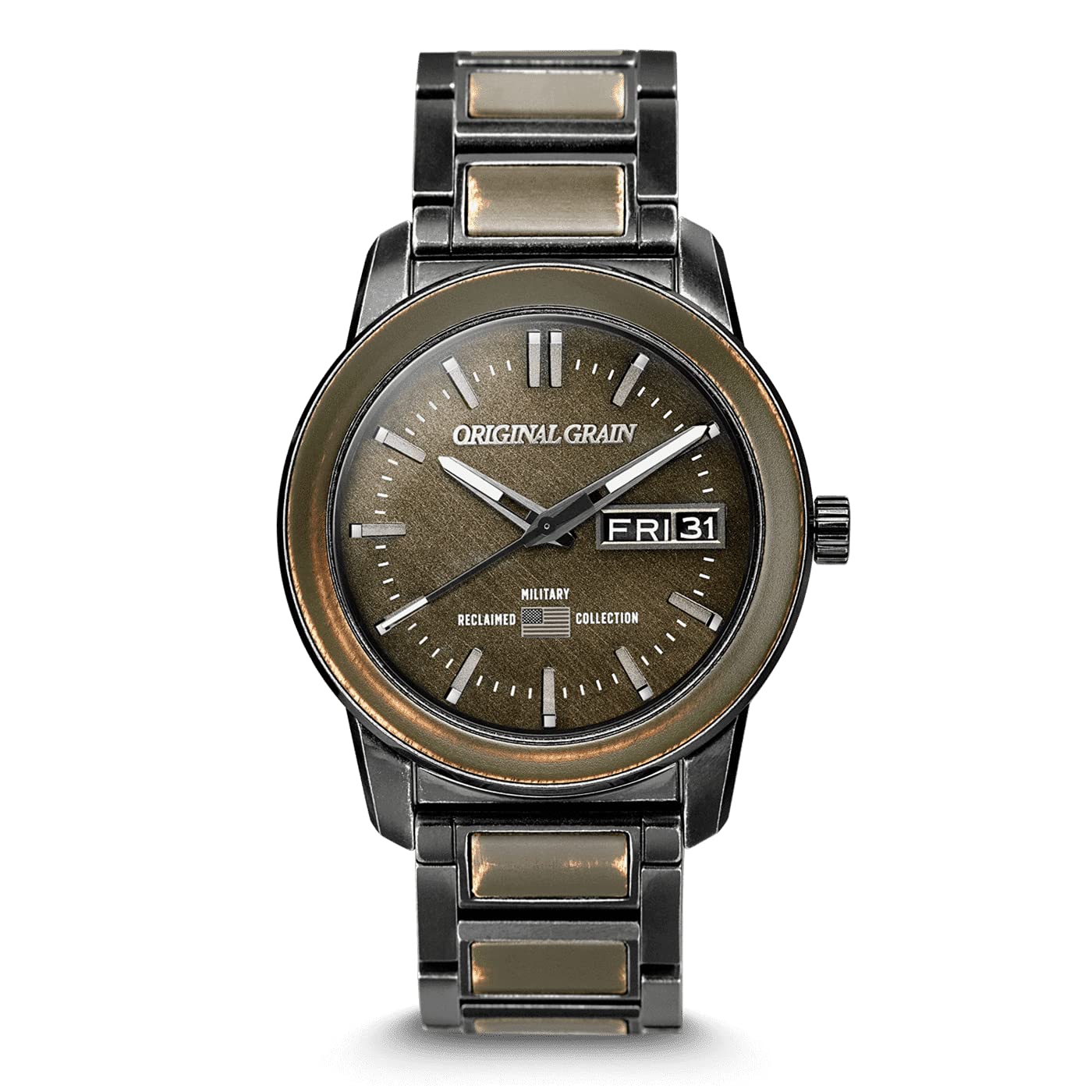 Original Grain Men's Military Ammo 42mm Analog Watch | Alterra Chrono Collection, Stonewashed Steel, Adjustable Watch Band | 10ATM Water-Resistant & Scratch-Resistant | Bracelet Wrist Watch for Men | Perfect for Outdoor Adventures, Casual Wear & Military Enthusiasts