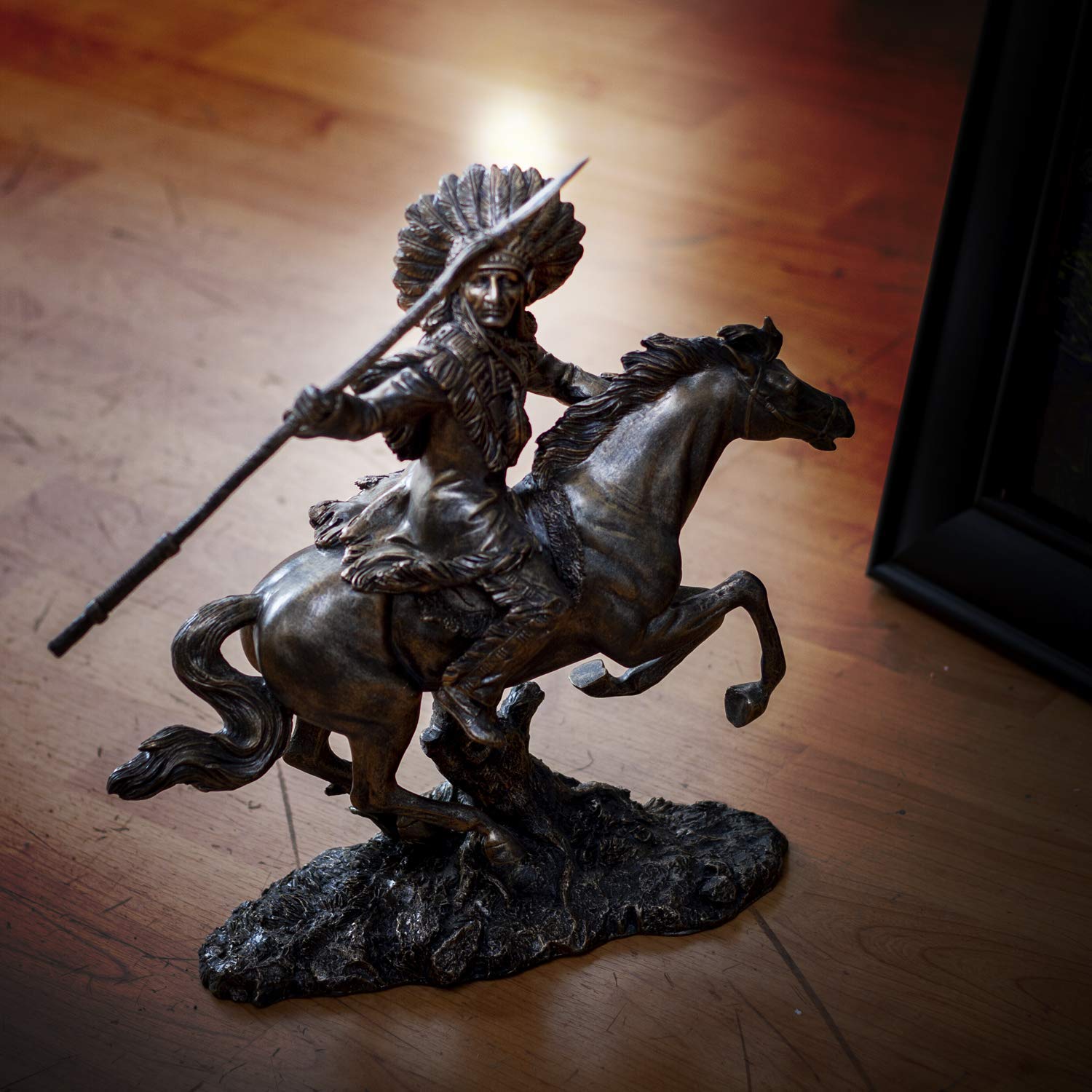 Authentic American Indian Warrior on Horseback with Spear Statue - 13 Inch Native American Decor for Home & Office - Perfect for Western Theme Decor, Cowboy Gifts, and Cultural Display