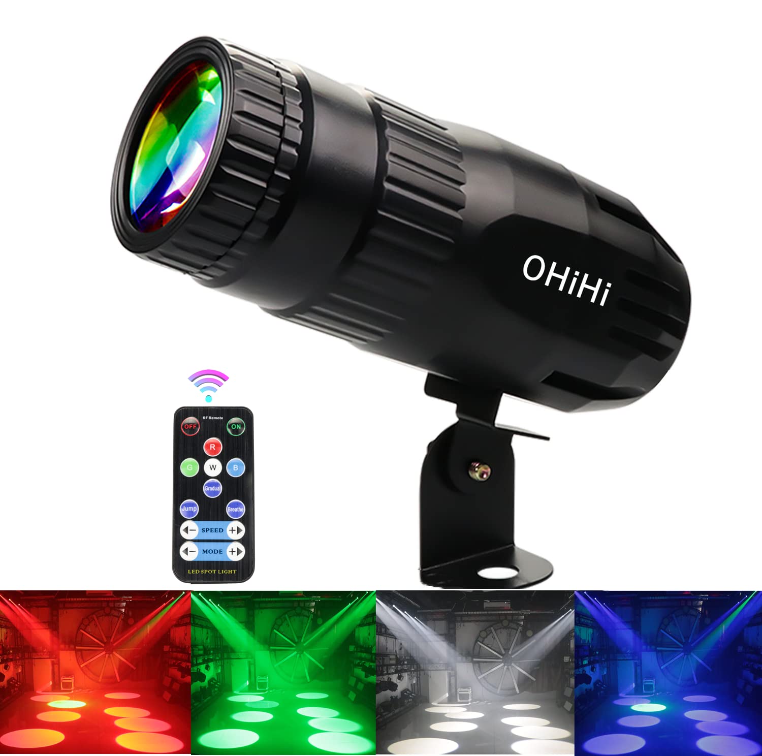OHiHi 15W RGBW LED Pinspot Light with Remote Control - Disco Ball Spotlight for Mirror Ball, DJ Stage Lighting, Club, Bar, Band Shows & Parties - Perfect for Dance Floors, Nightclubs and Special Events
