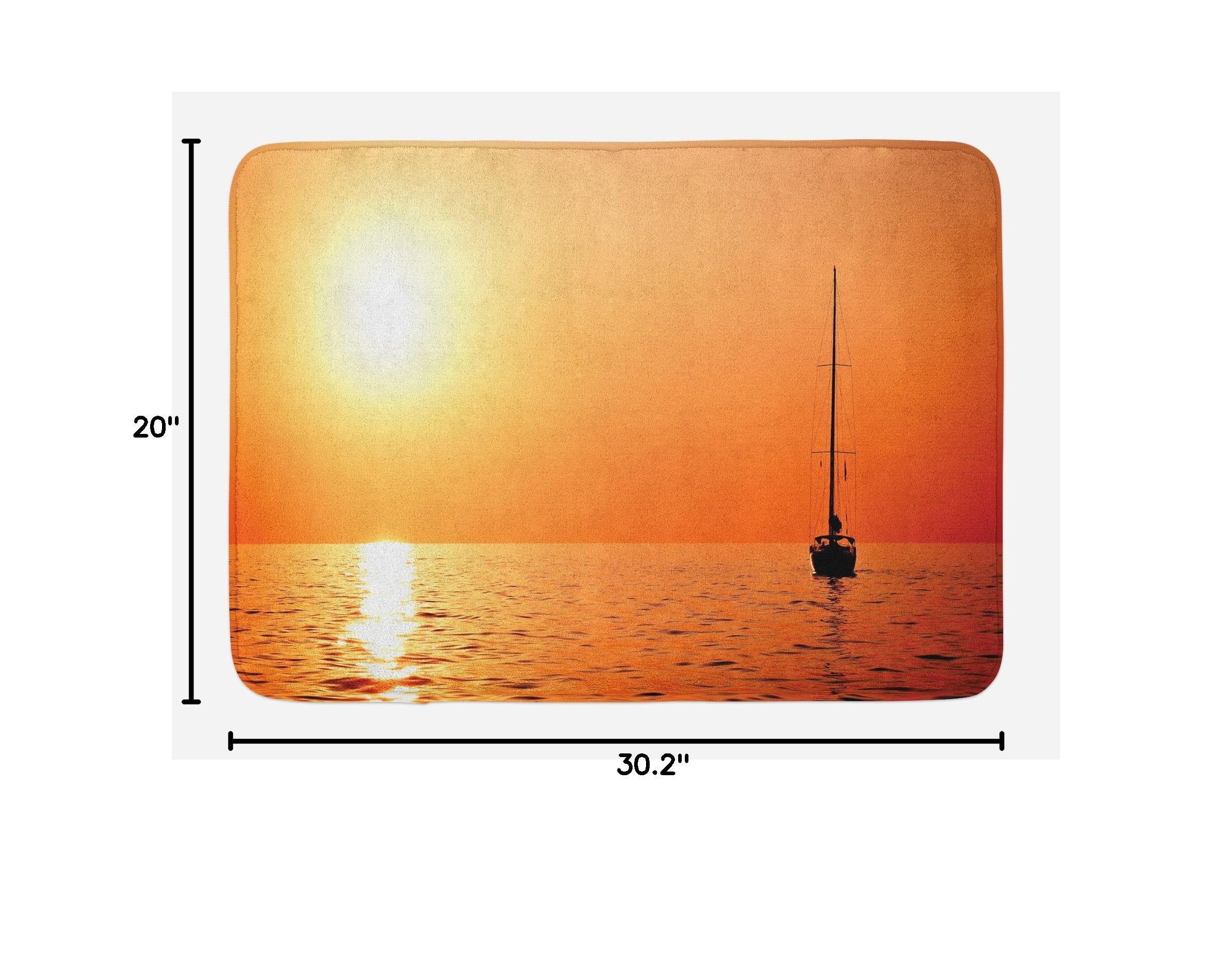 Ambesonne Non-Slip Plush Bath Mat - Sailboat & Sunset Design, 30.2 x 20 Inches, Orange Yellow | Soft Bathroom Rug for Sailing Enthusiasts, Perfect for Bathroom Decor & Safe Shower Use