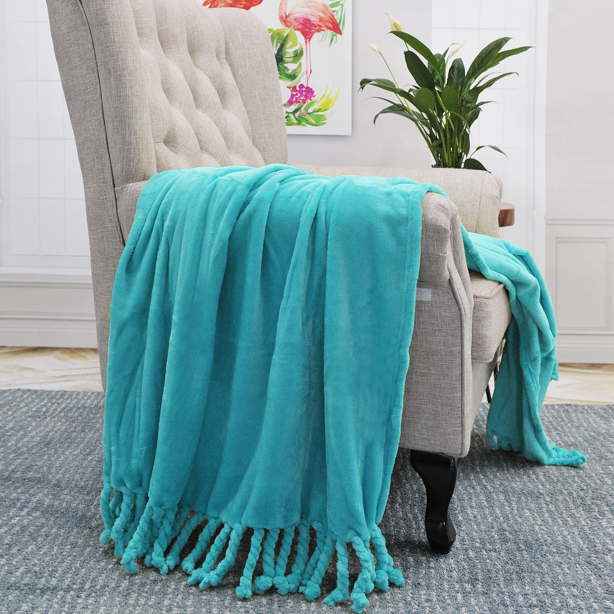 Cozy Flannel Fleece Throw Blanket with Braided Rope Fringe Tassels - Ultra Soft Plush Warm Blanket for Couch, Sofa, Bed & Chair - 50x60 Inch Blue Home Decor - Perfect for Lounging, Movie Nights & Winter Comfort